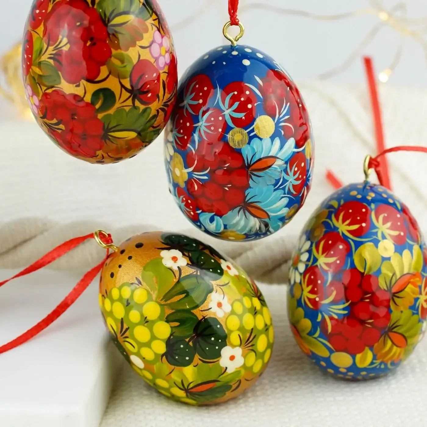 Set of 4 Painted Wooden Easter Egg Ornaments - Hanging Ukrainian Pysanky Eggs
