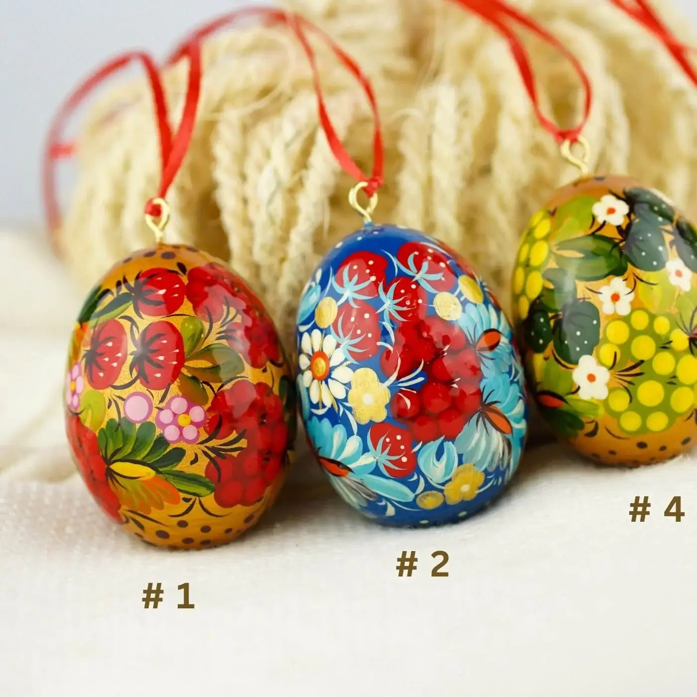 Set of 4 Painted Wooden Easter Egg Ornaments - Hanging Ukrainian Pysanky Eggs