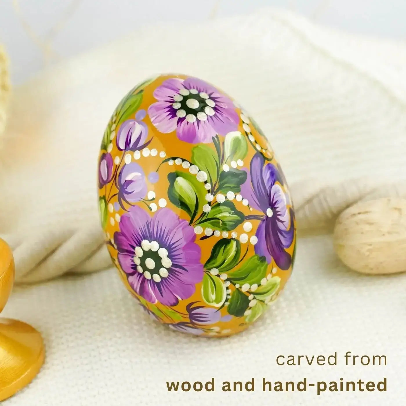 Large 3.54' Hand-painted Hummingbird Easter Egg - Wooden Purple Flower Egg