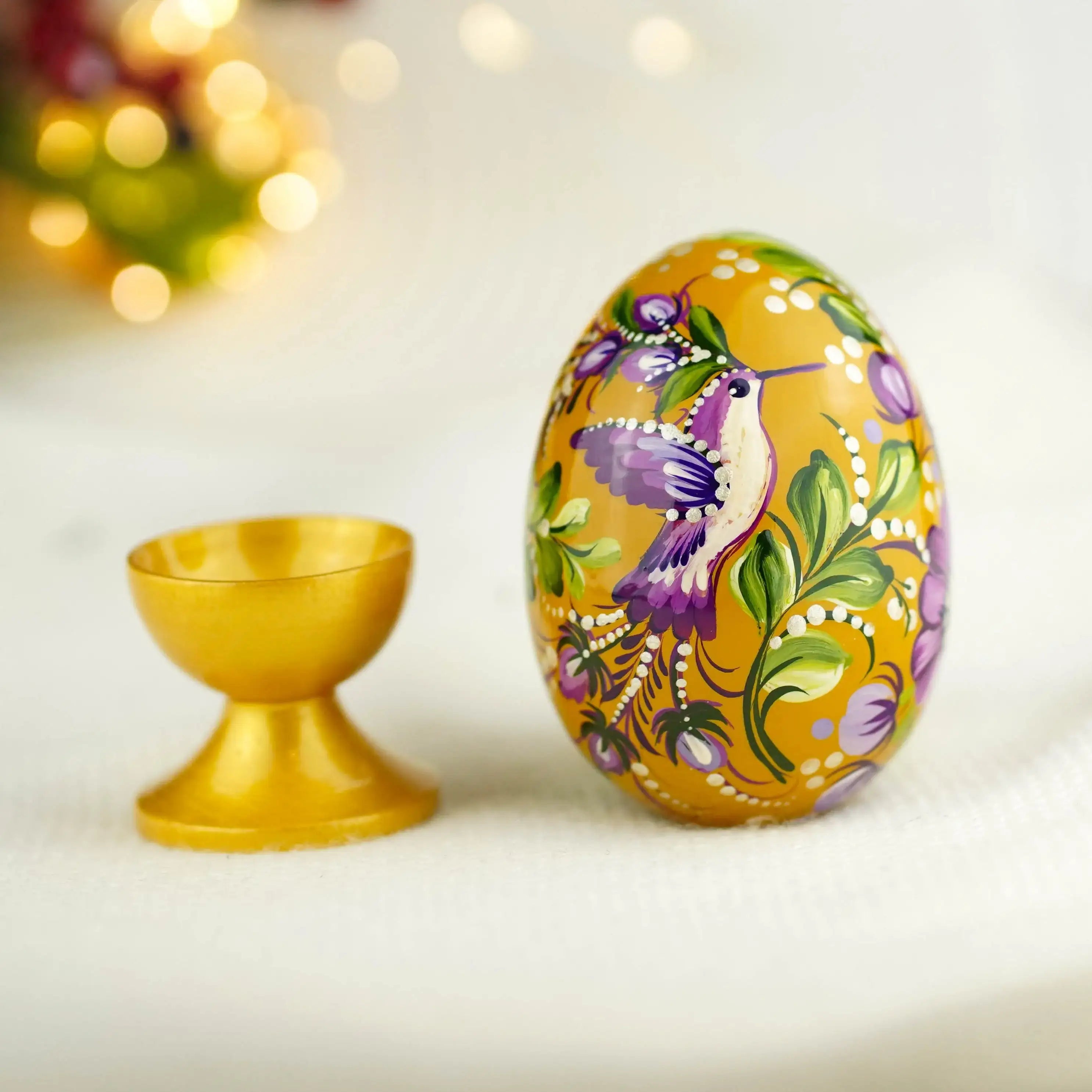 Large 3.54' Hand-painted Hummingbird Easter Egg - Wooden Purple Flower Egg