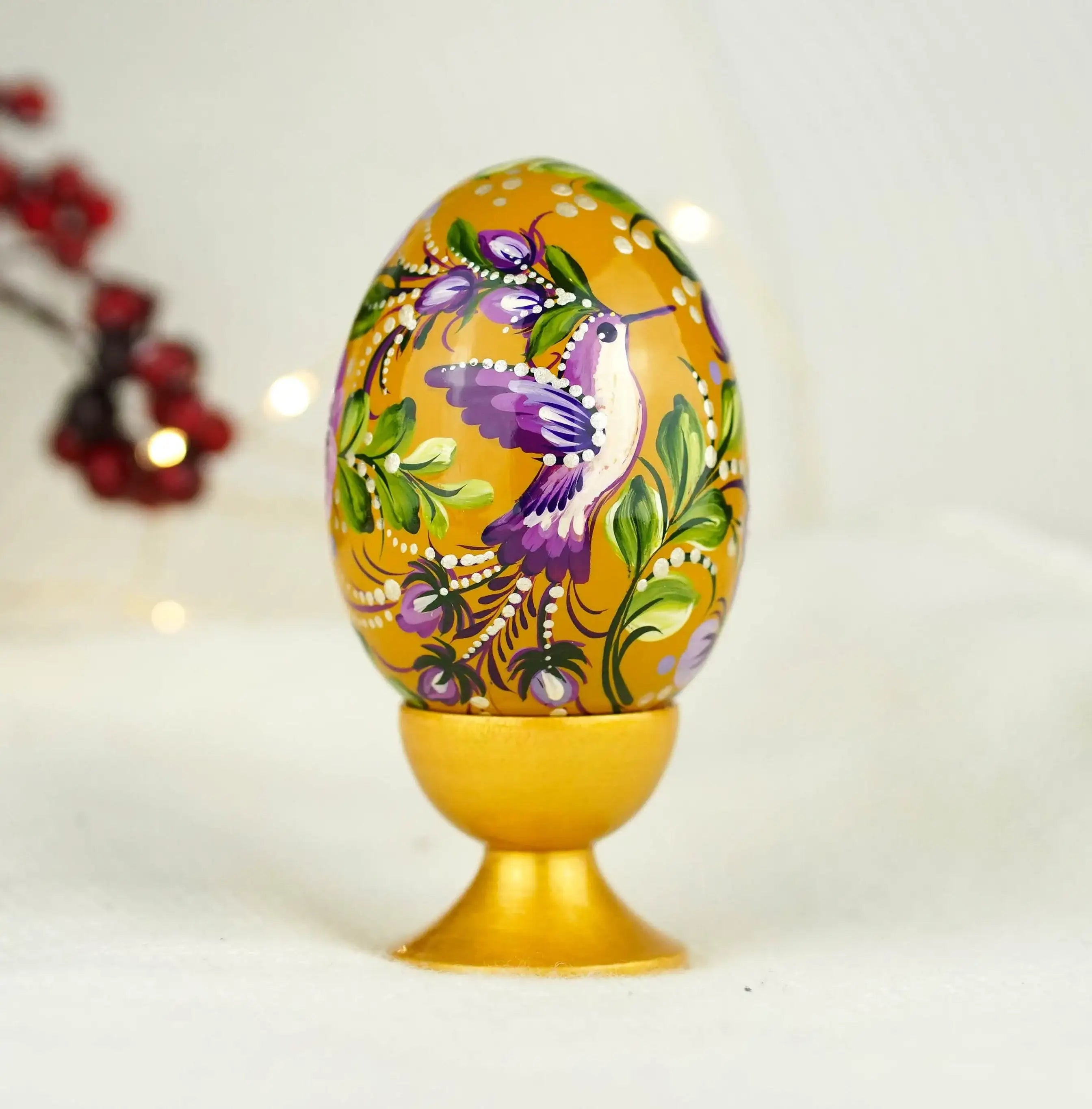 Large 3.54' Hand-painted Hummingbird Easter Egg - Wooden Purple Flower Egg