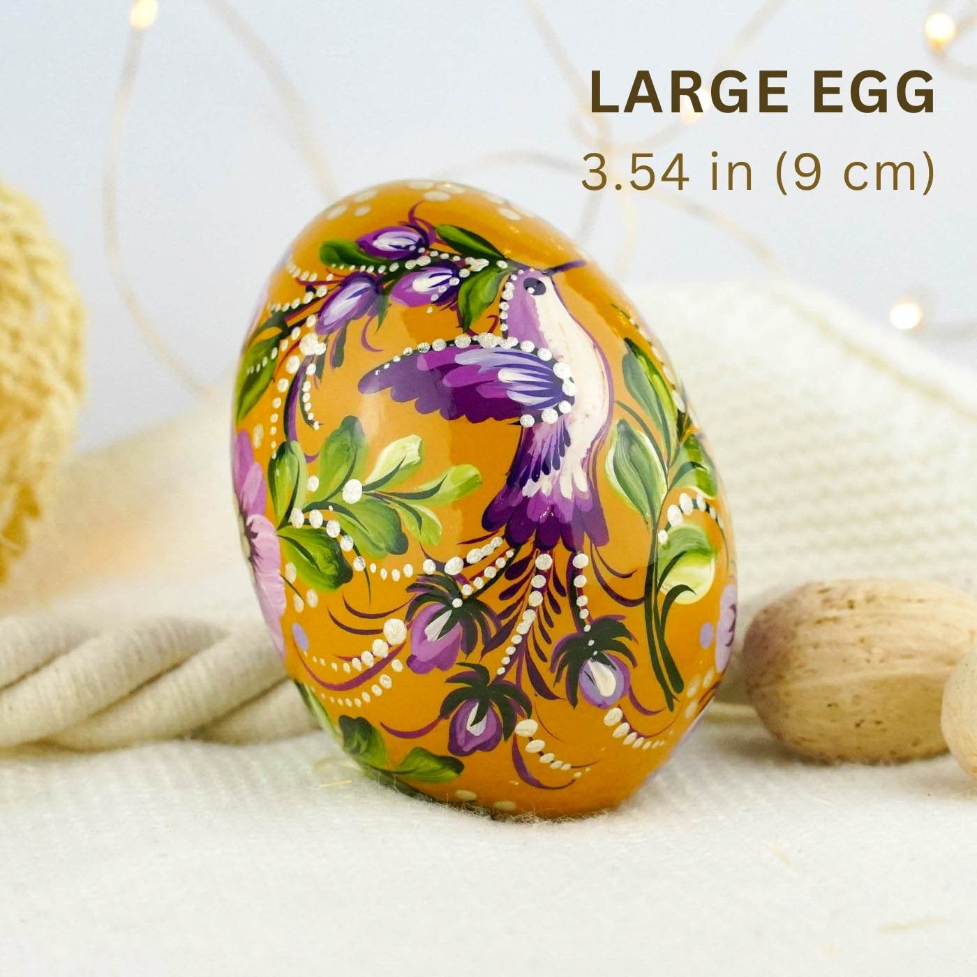Large 3.54' Hand-painted Hummingbird Easter Egg - Wooden Purple Flower Egg