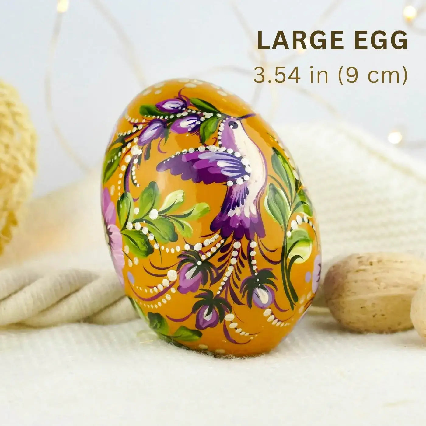 Large 3.54' Hand-painted Hummingbird Easter Egg - Wooden Purple Flower Egg