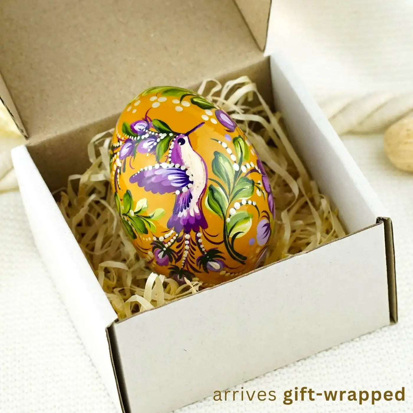 Large 3.54' Hand-painted Hummingbird Easter Egg - Wooden Purple Flower Egg