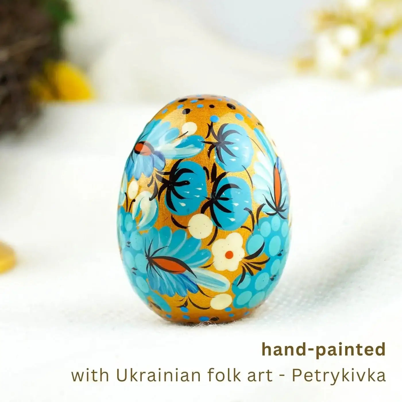 Hand-painted Wooden Easter Egg - Blue Flower Petrykivka Egg