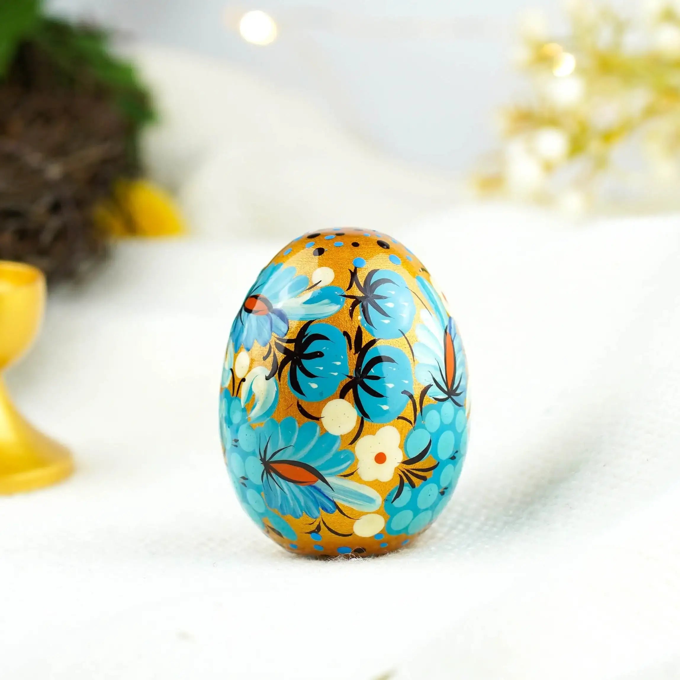 Hand-painted Wooden Easter Egg - Blue Flower Petrykivka Egg