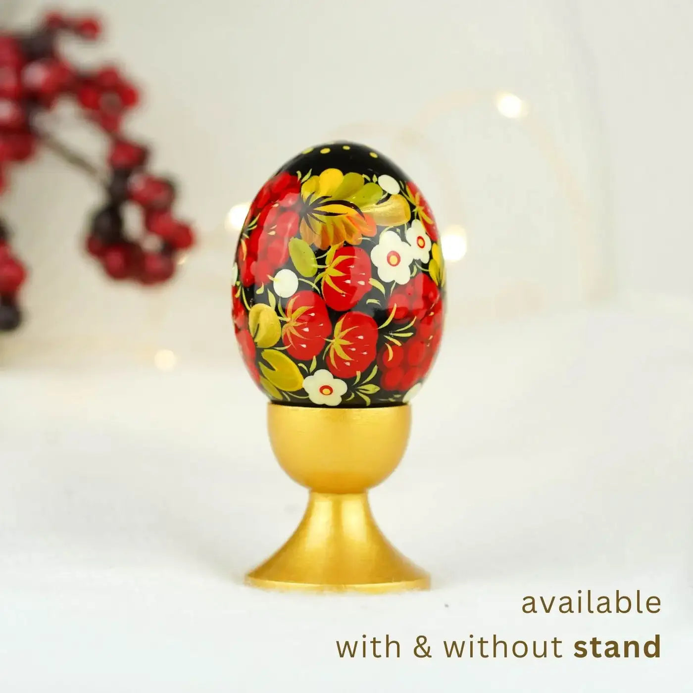 Hand-painted Wooden Strawberry Easter Egg - Ukrainian Pysanky Egg