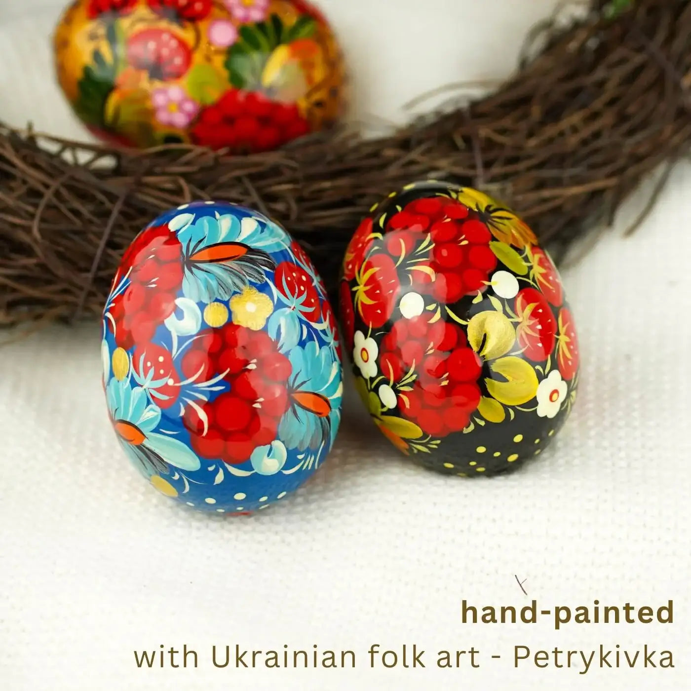 Hand-painted Wooden Strawberry Easter Egg - Ukrainian Pysanky Egg