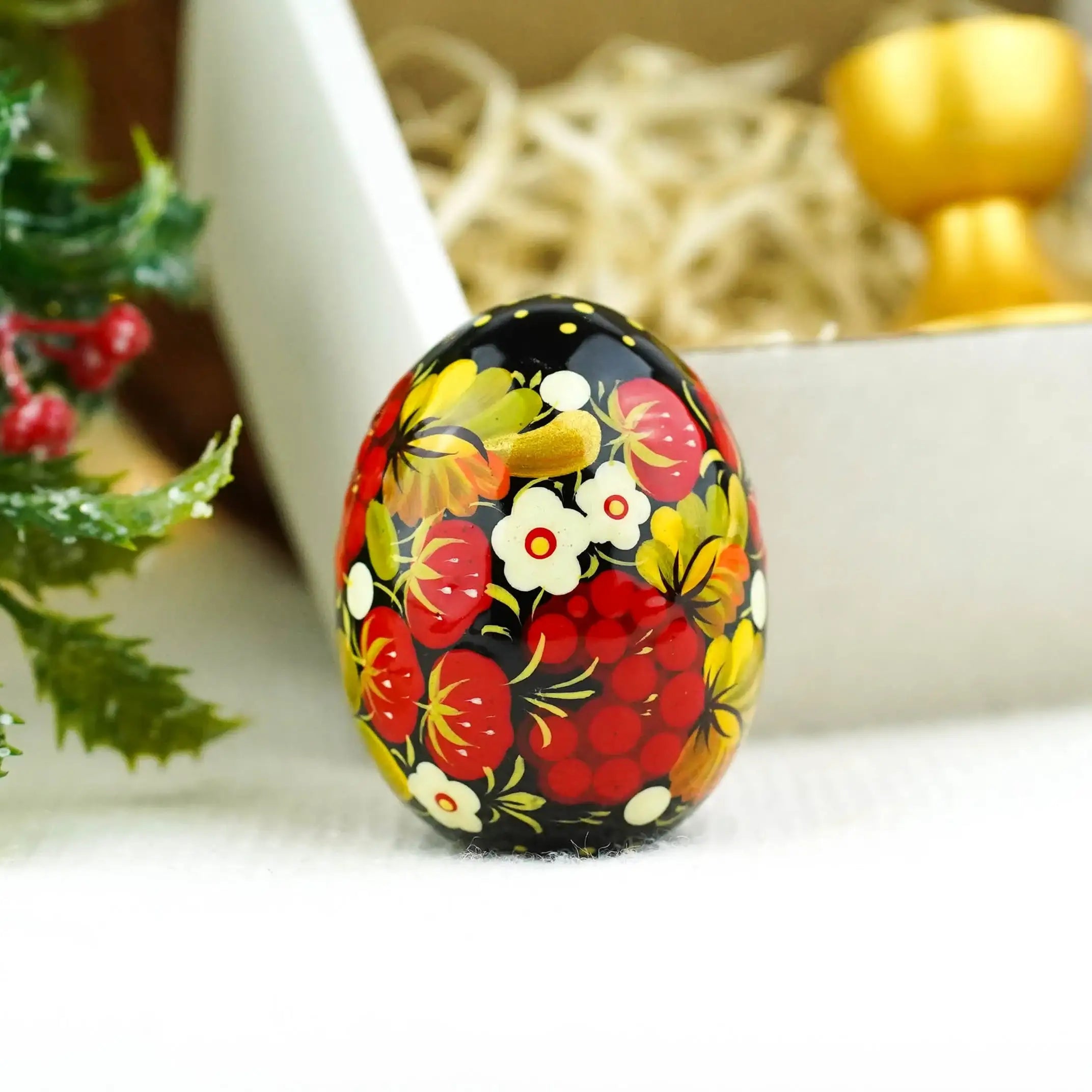 Hand-painted Wooden Strawberry Easter Egg - Ukrainian Pysanky Egg