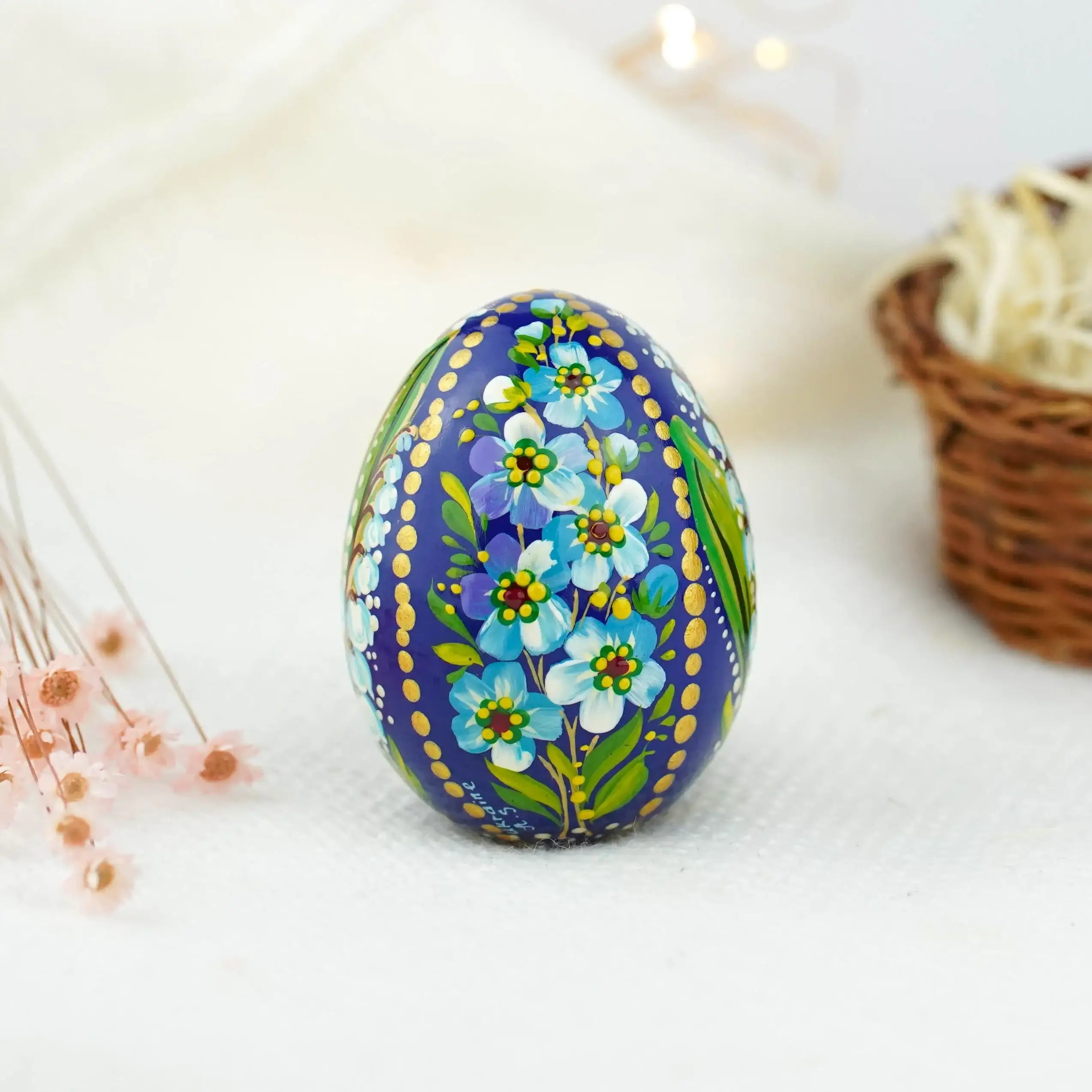 Hand-painted Wooden Lily of the Valley & Forget-me-not Ukrainian Pysanky Egg