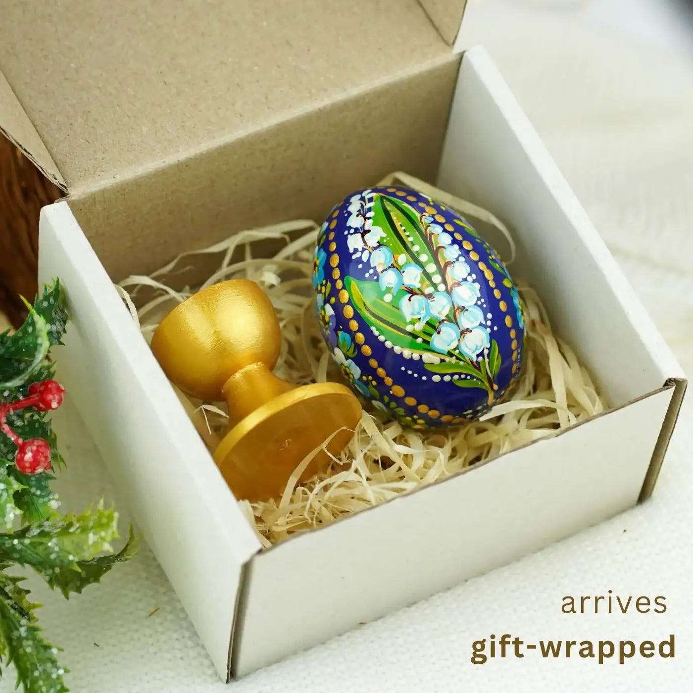 Hand-painted Wooden Lily of the Valley & Forget-me-not Ukrainian Pysanky Egg