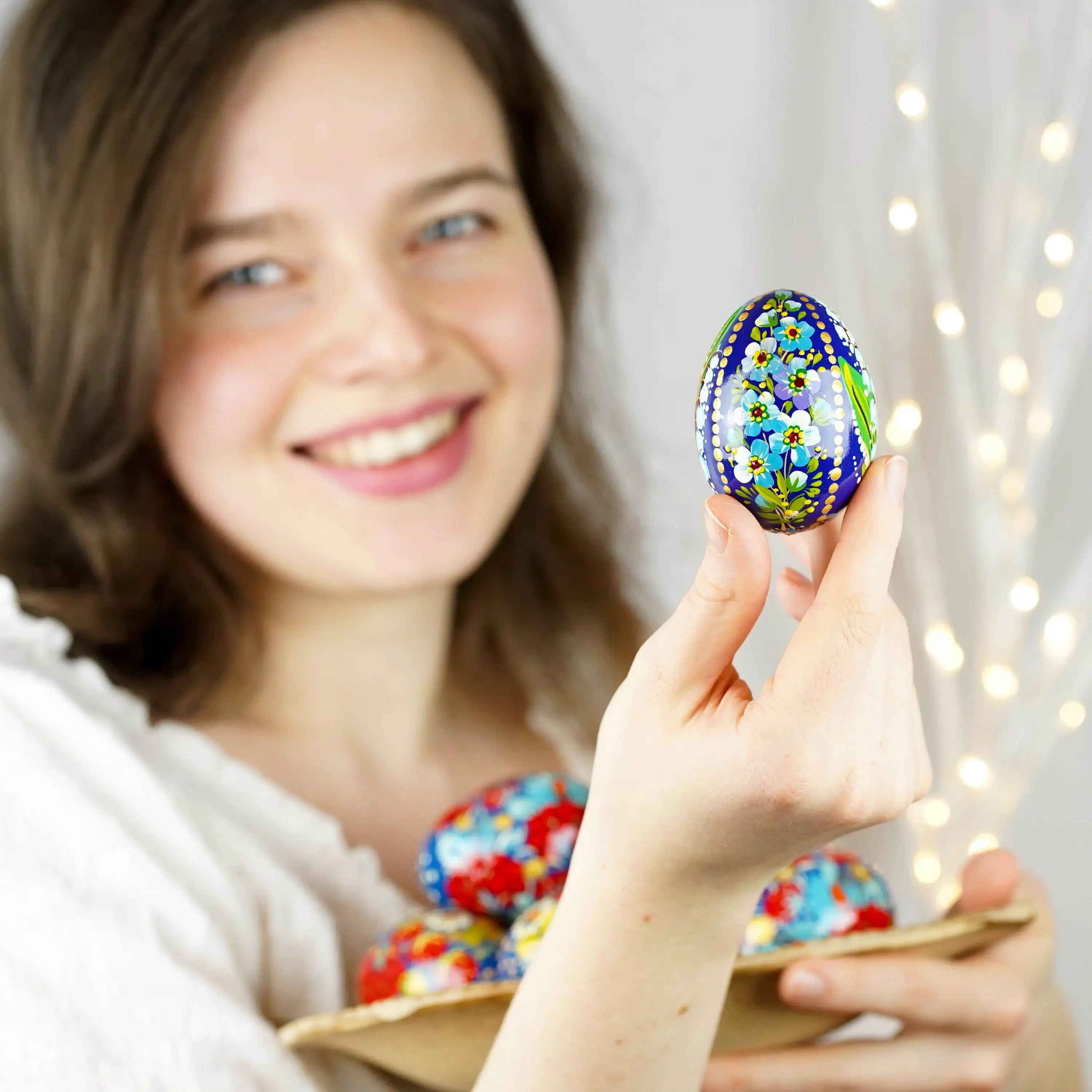 Hand-painted Wooden Lily of the Valley & Forget-me-not Ukrainian Pysanky Egg