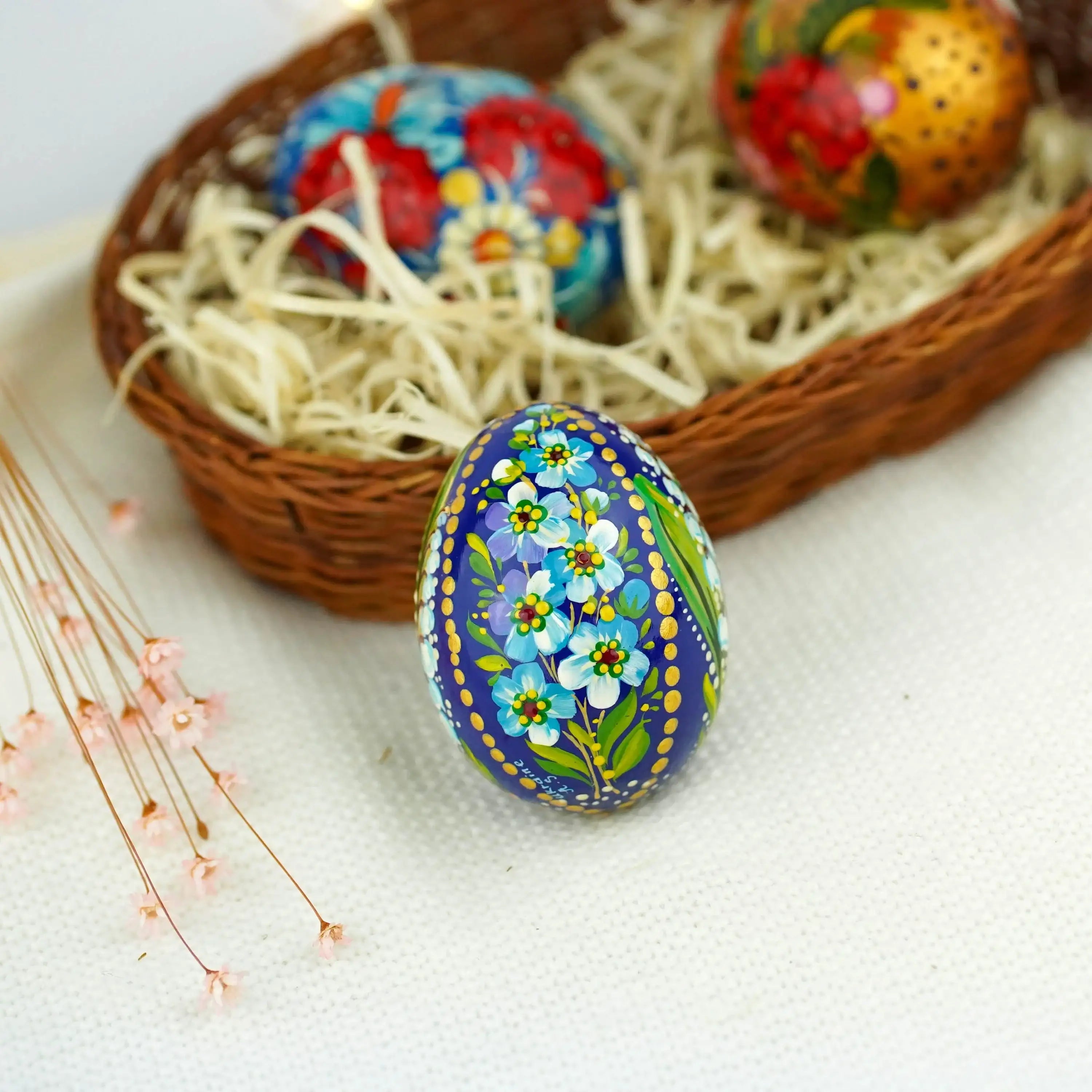Hand-painted Wooden Lily of the Valley & Forget-me-not Ukrainian Pysanky Egg