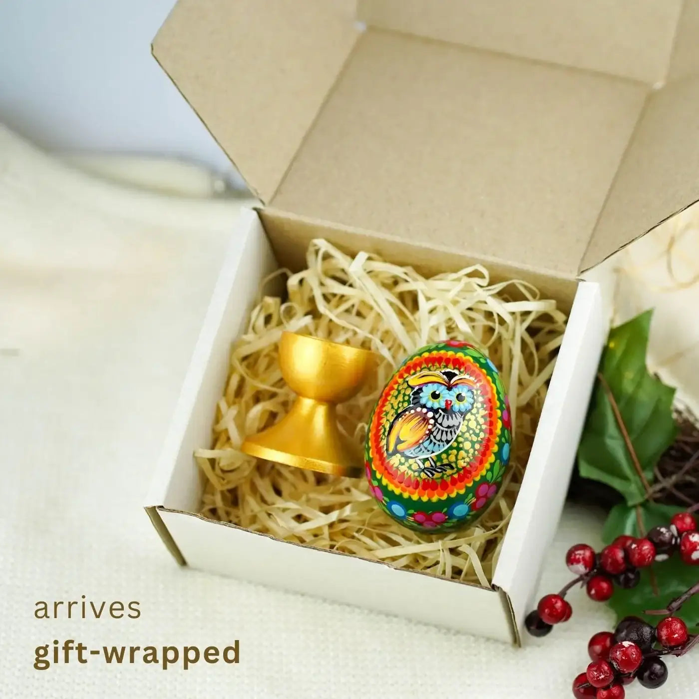 Wooden Owl Easter Egg - Hand-painted Easter Egg Decoration