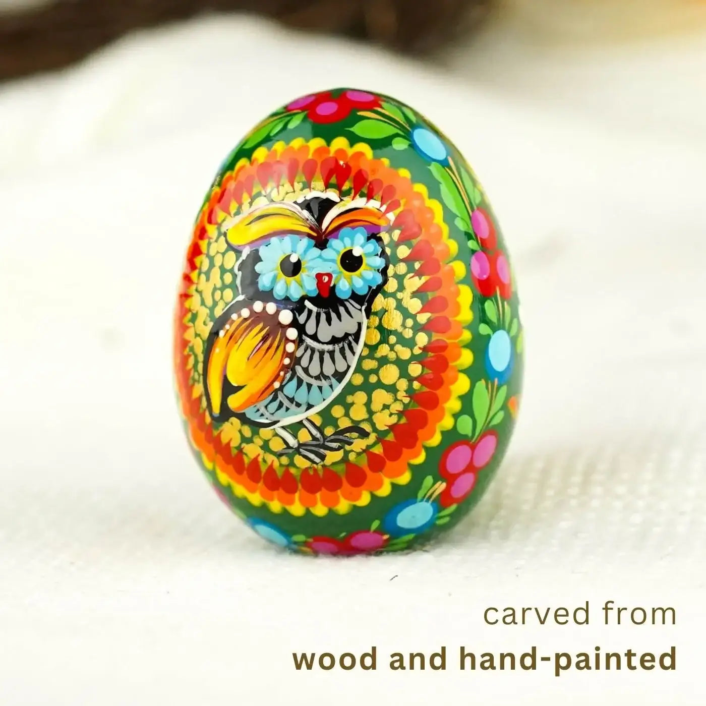 Wooden Owl Easter Egg - Hand-painted Easter Egg Decoration