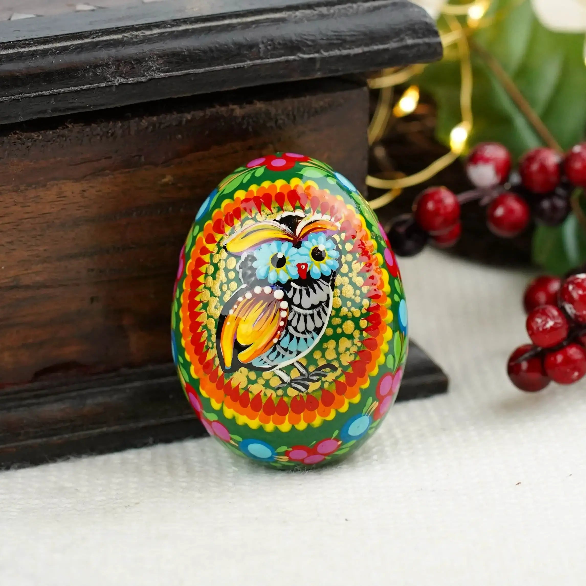 Wooden Owl Easter Egg - Hand-painted Easter Egg Decoration