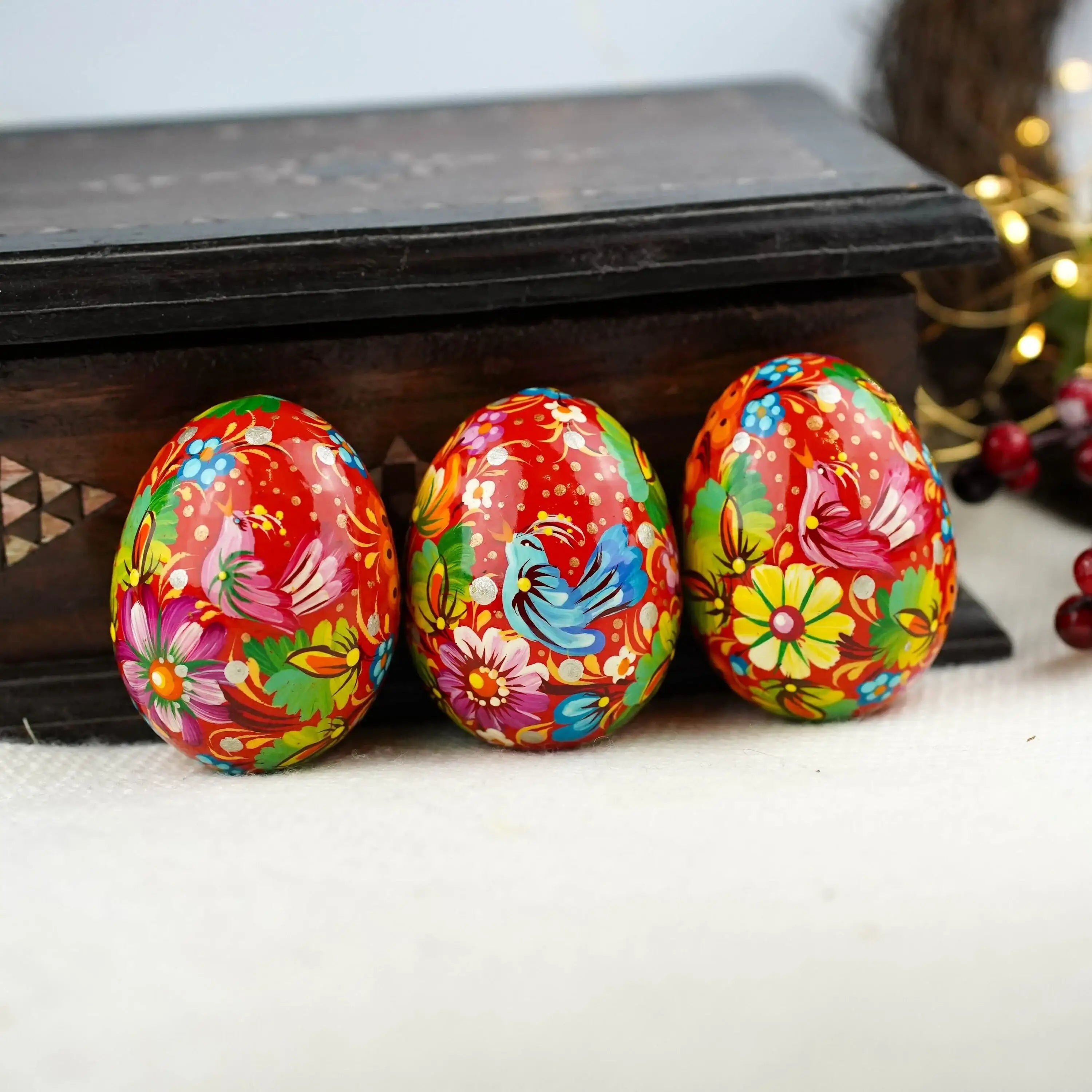 Set of 3 Hand-painted Wooden Bird Easter Eggs
