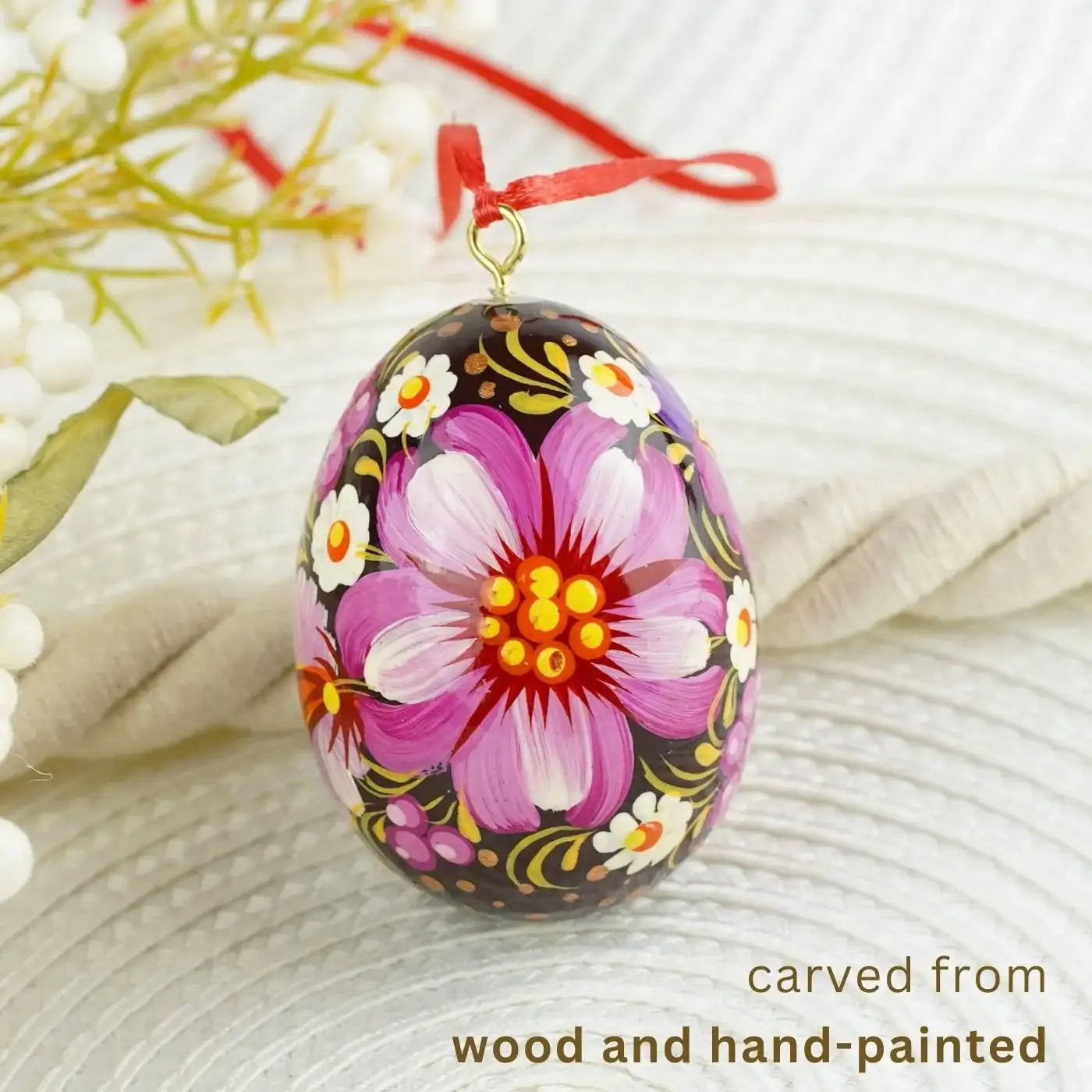 Painted Purple Easter Egg Ornament - Hanging Ukrainian Pysanky Eggs