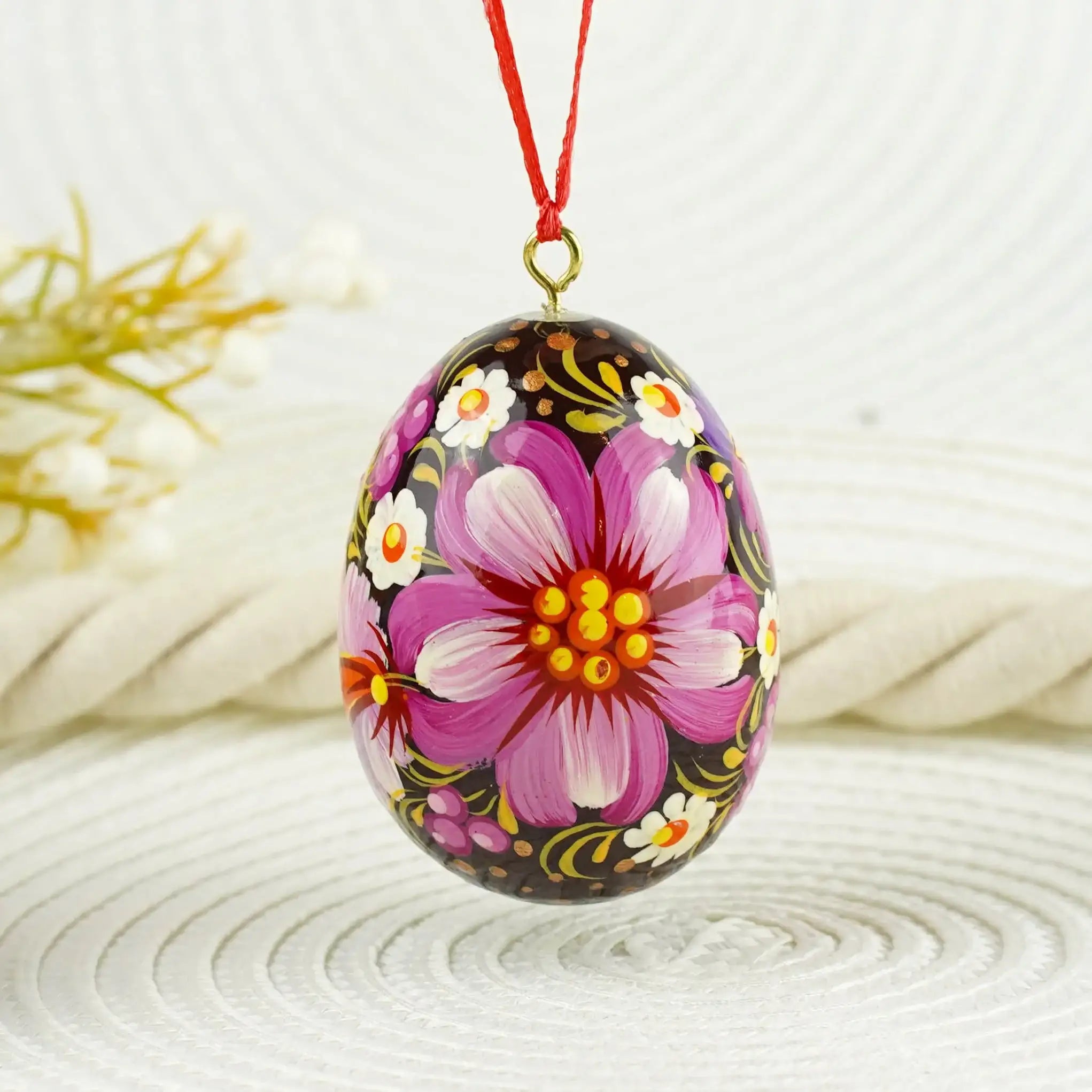Painted Purple Easter Egg Ornament - Hanging Ukrainian Pysanky Eggs