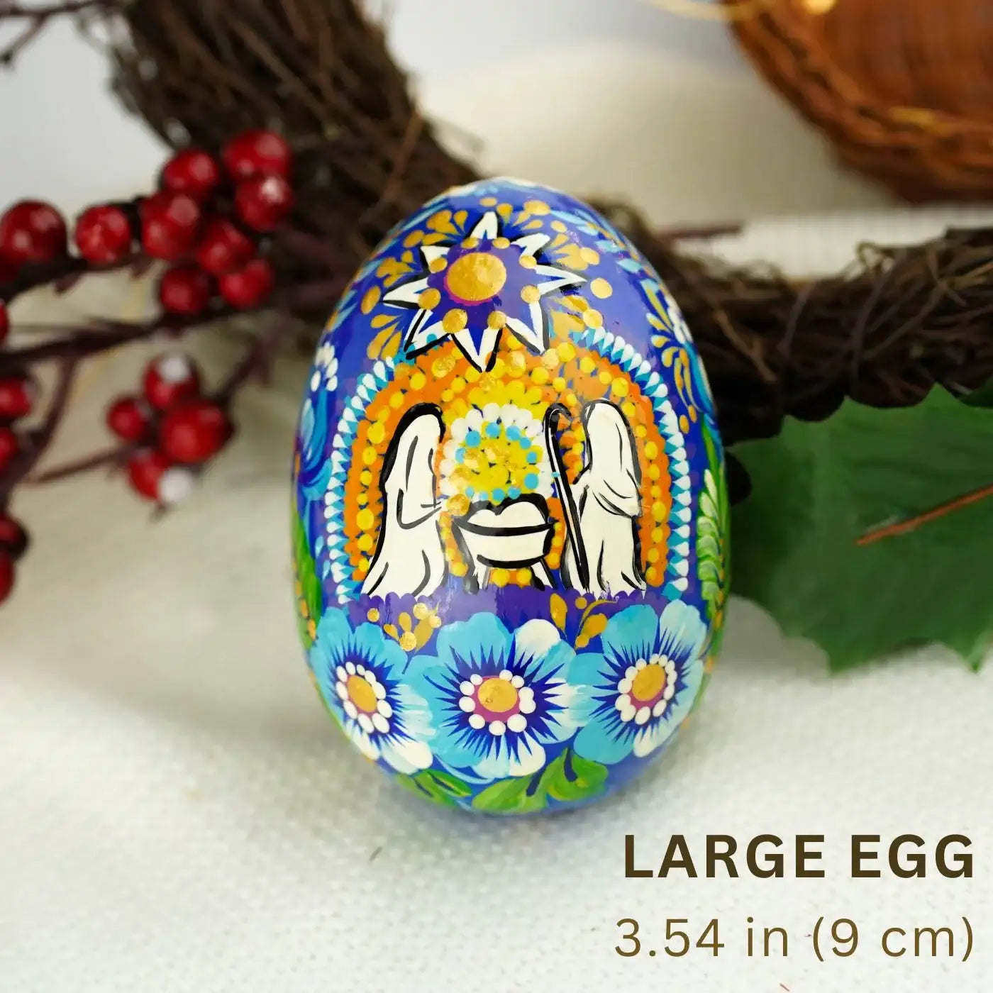 Large Wooden Nativity Scene Egg 3.54 in - Hand-painted Easter Egg Decoration