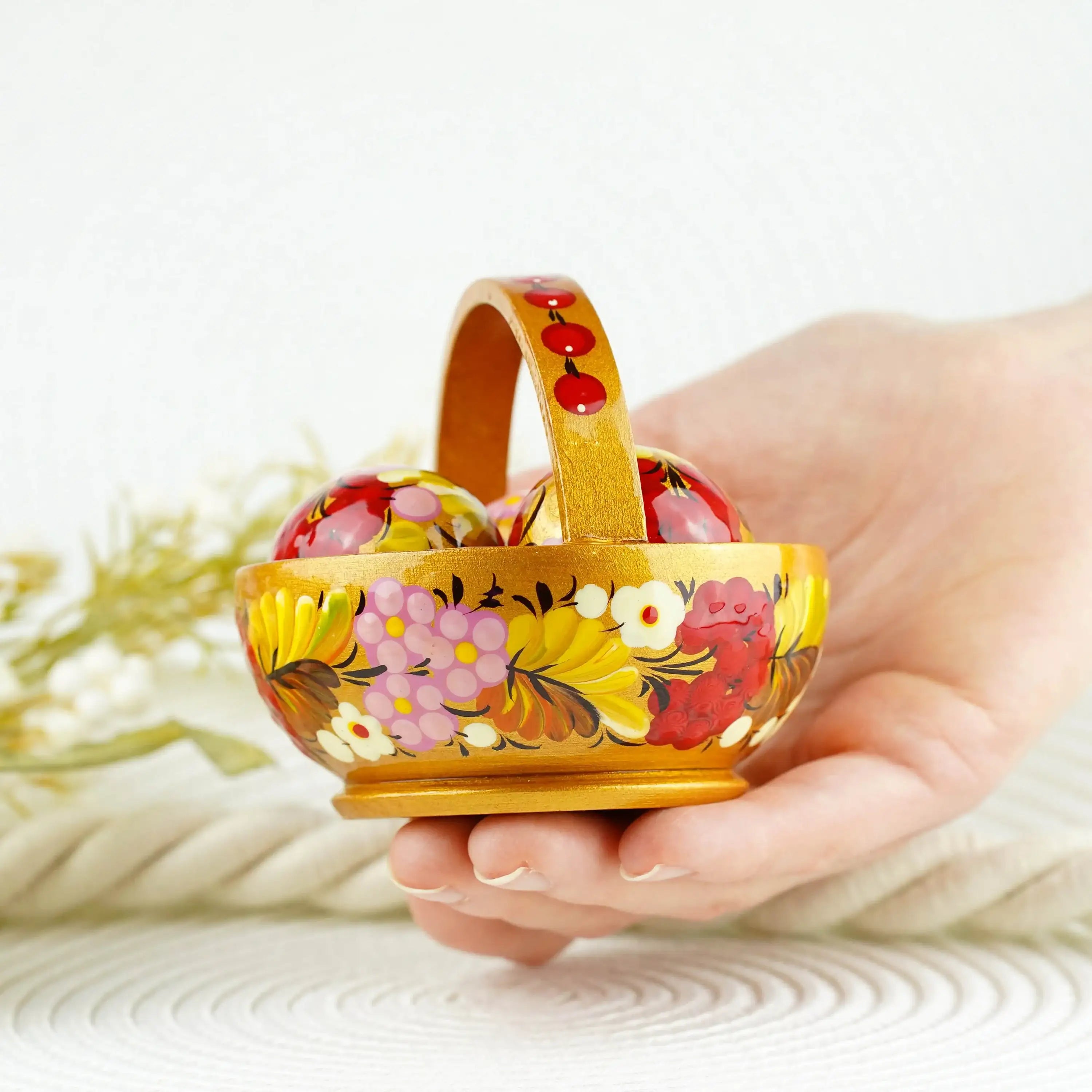 Handmade Small Wooden Easter Basket Filled with Mini Eggs - Petrykivka Painting
