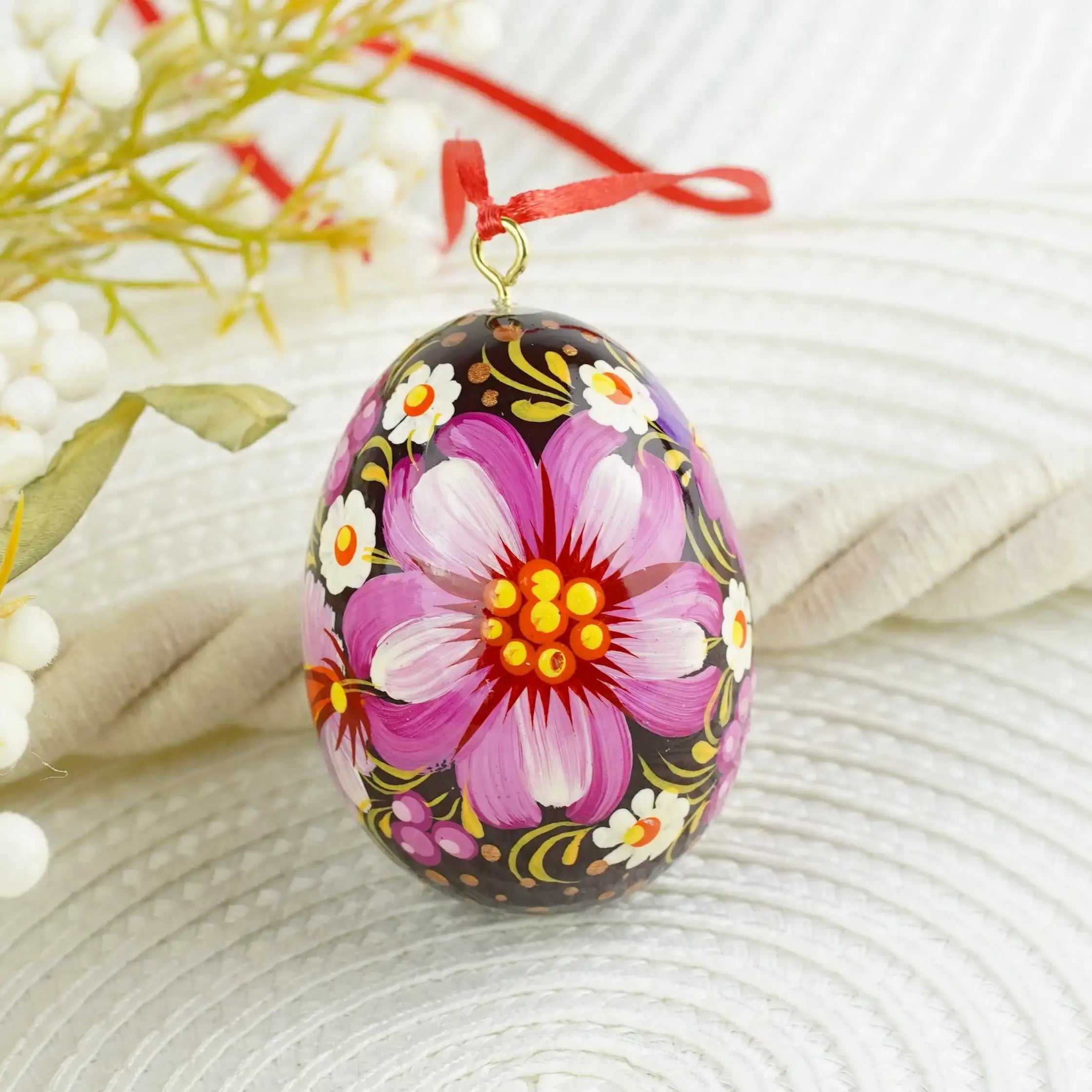Painted Purple Easter Egg Ornament - Hanging Ukrainian Pysanky Eggs