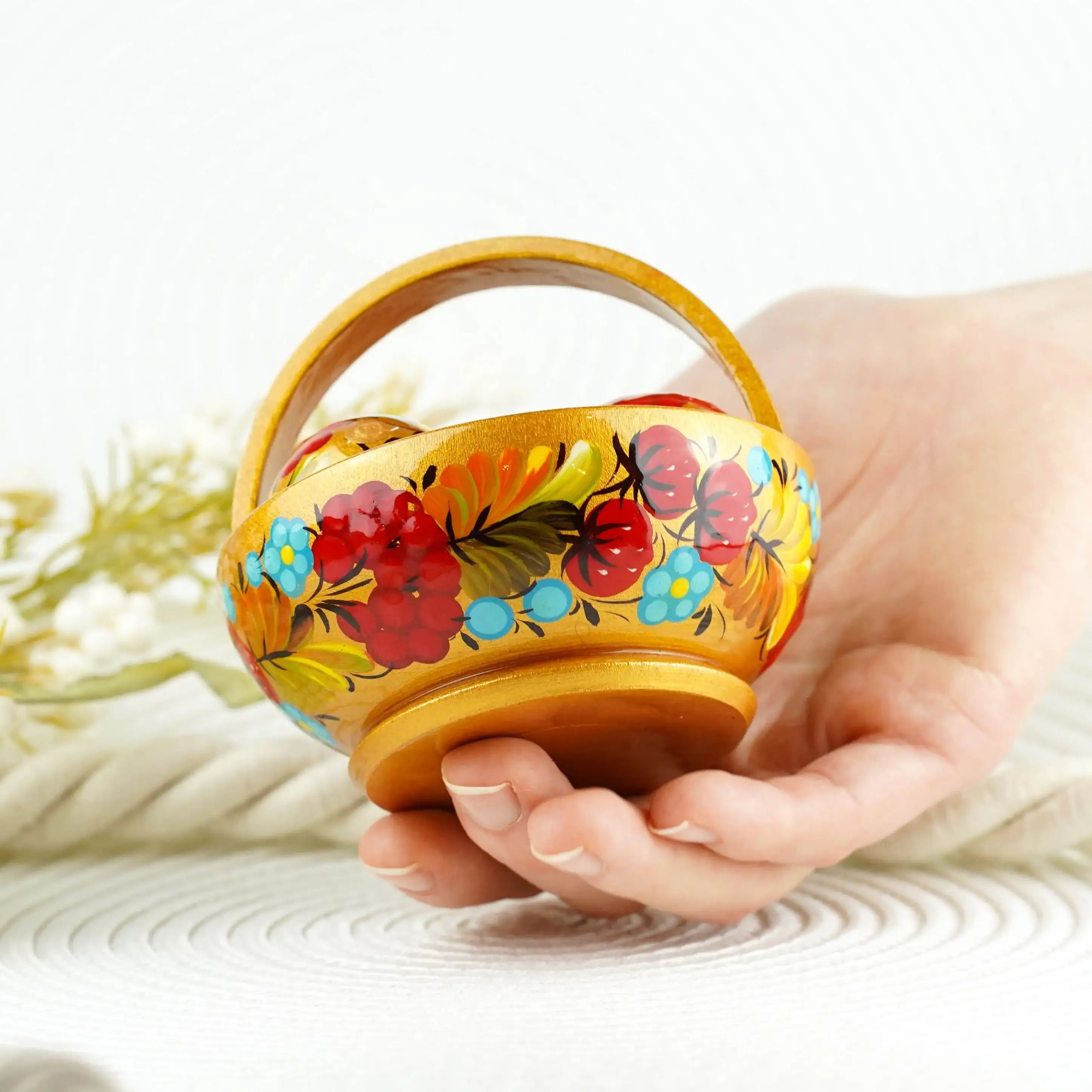 Handmade Small Wooden Easter Basket Filled with Mini Eggs - Petrykivka Painting