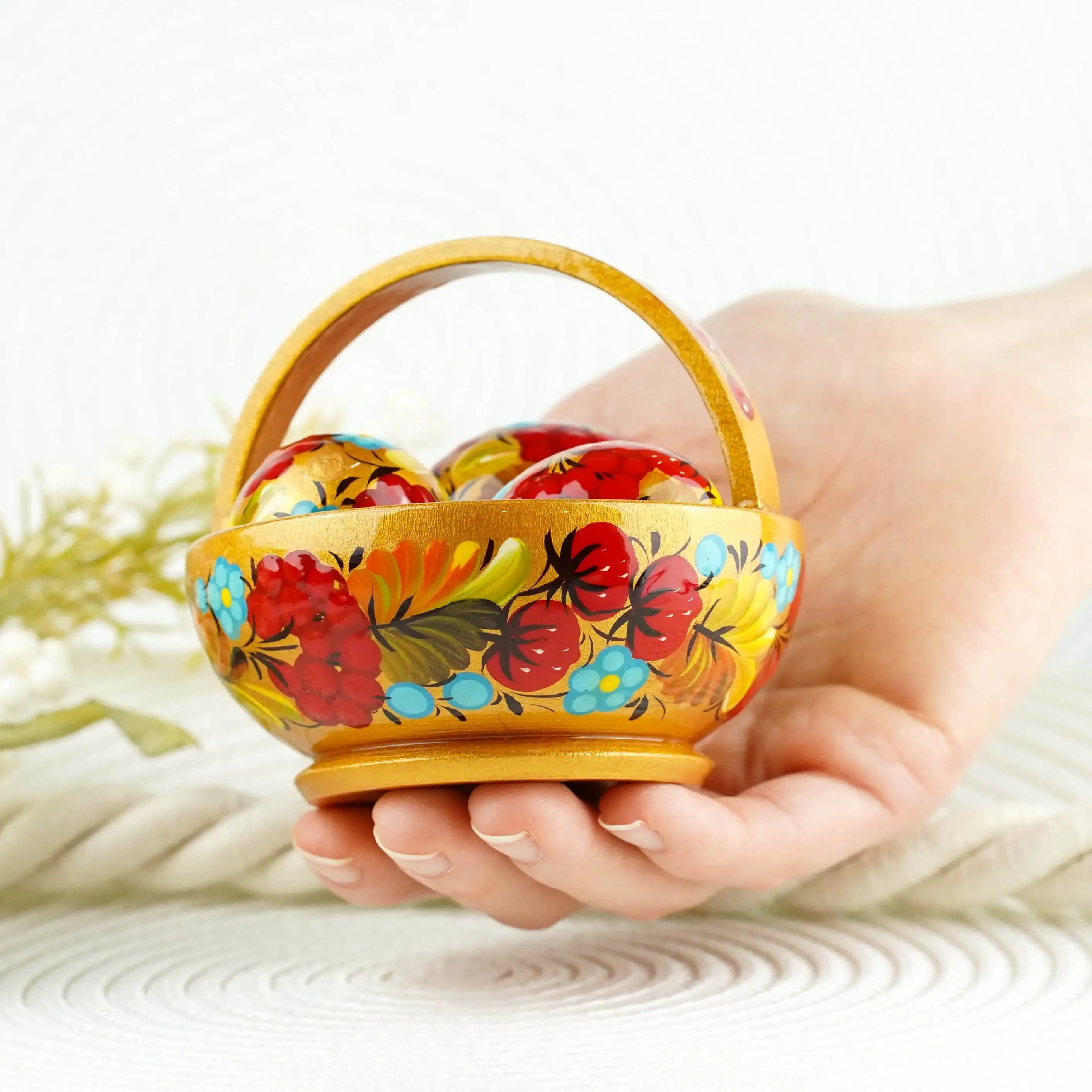Handmade Small Wooden Easter Basket Filled with Mini Eggs - Petrykivka Painting