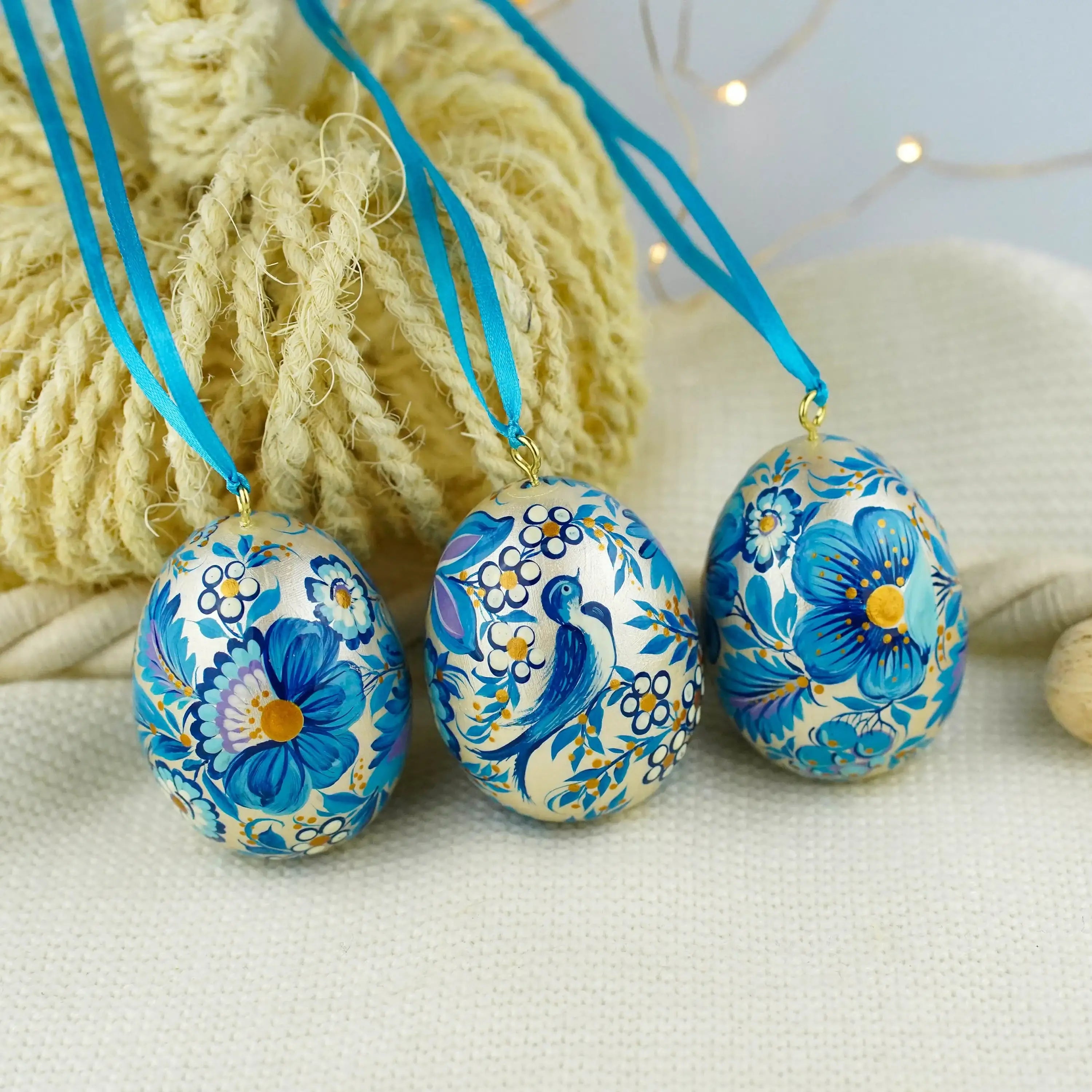 Set of 3 Painted Hanging Wooden Easter Egg Ornaments