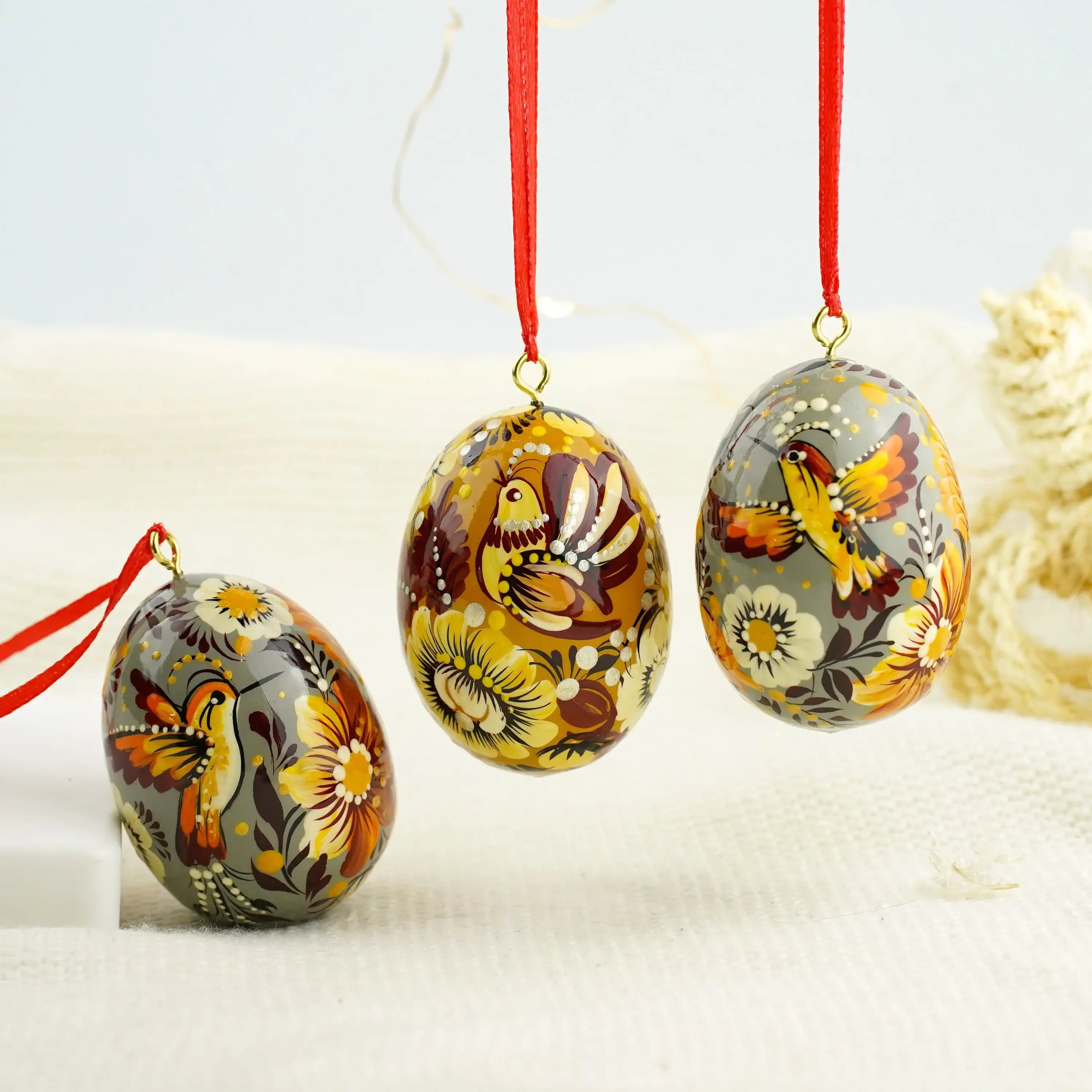 Set of 3 Painted Hanging Hummingbird Easter Egg Ornaments