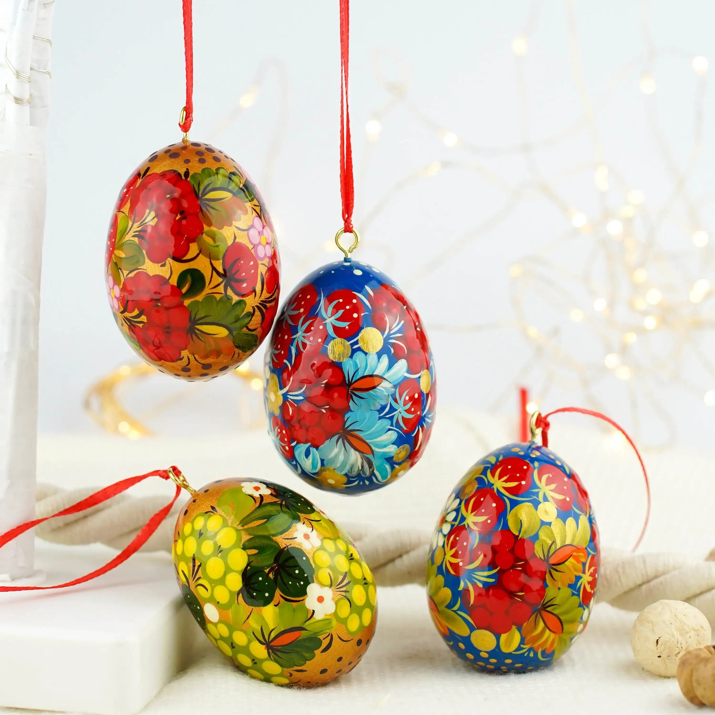 Set of 4 Painted Wooden Easter Egg Ornaments - Hanging Ukrainian Pysanky Eggs