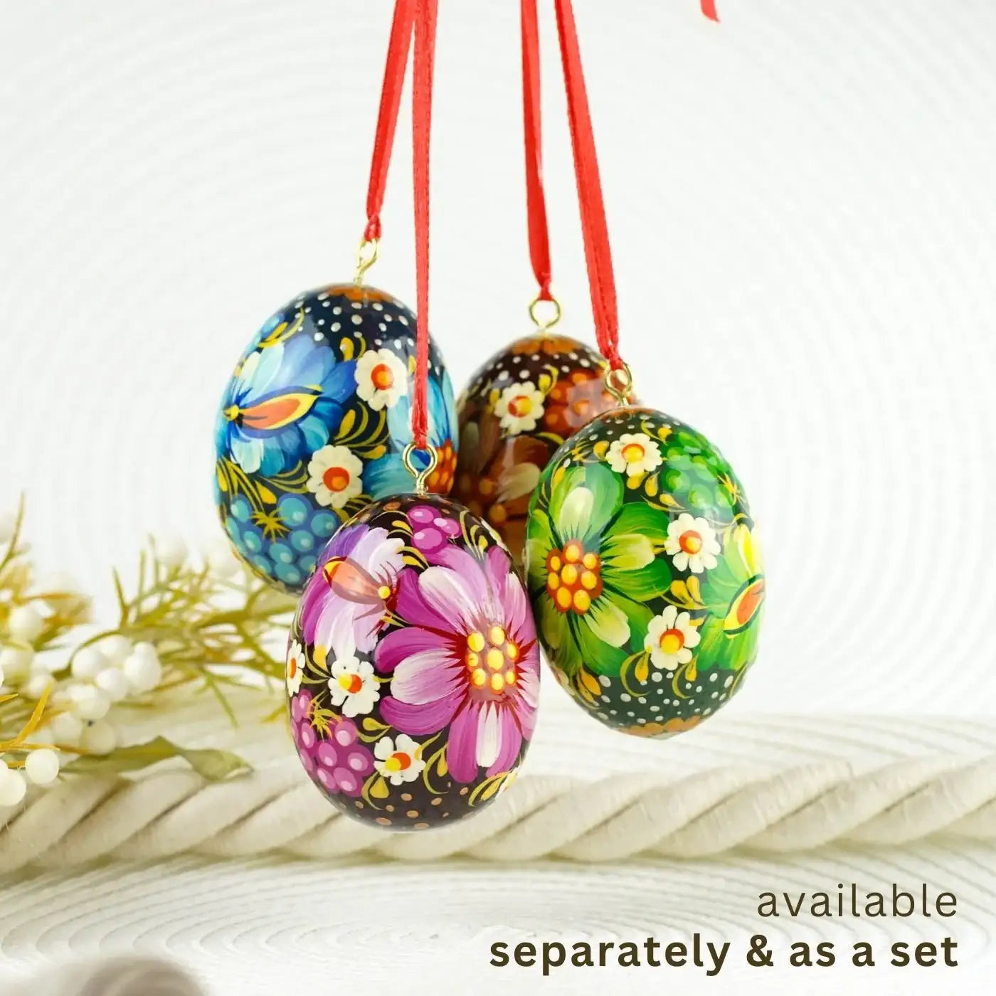 Painted Purple Easter Egg Ornament - Hanging Ukrainian Pysanky Eggs