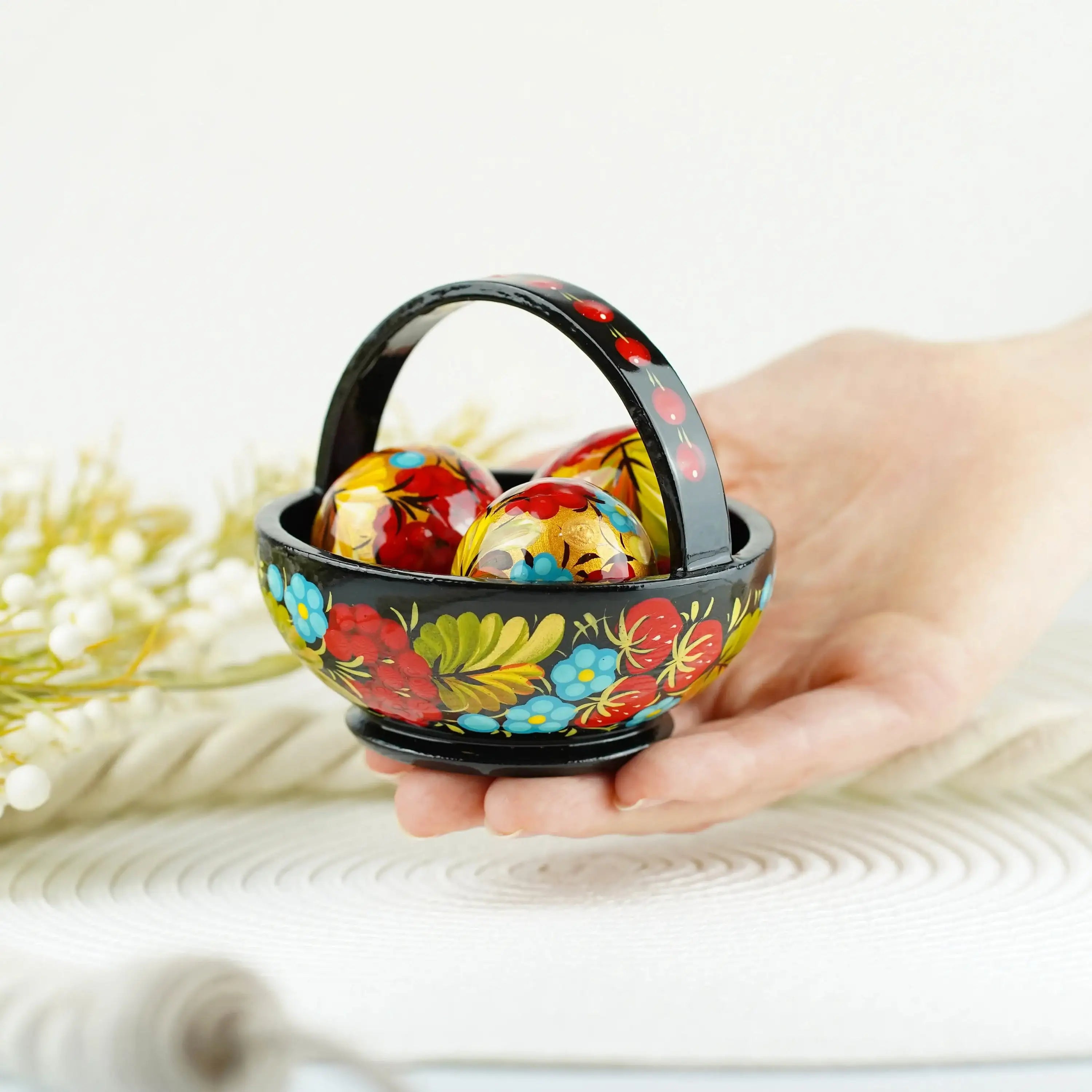 Handmade Small Wooden Easter Basket Filled with Mini Eggs