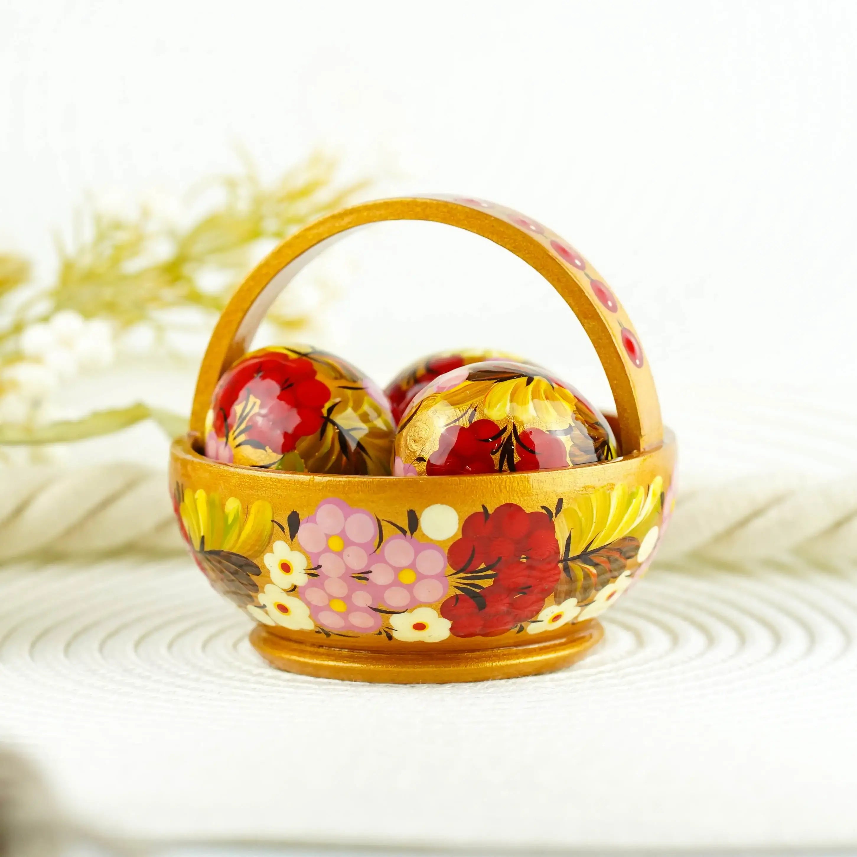 Handmade Small Wooden Easter Basket Filled with Mini Eggs - Petrykivka Painting
