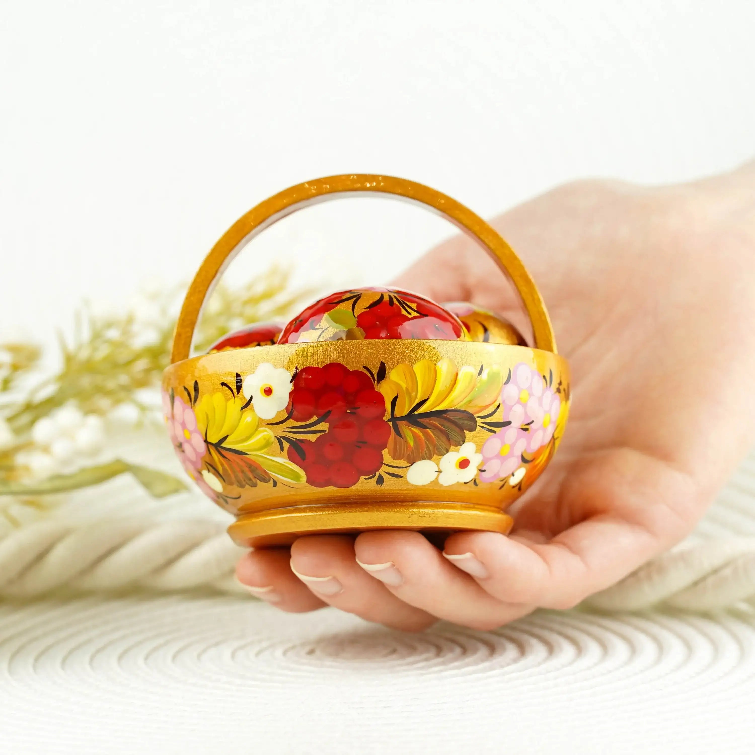 Handmade Small Wooden Easter Basket Filled with Mini Eggs - Petrykivka Painting