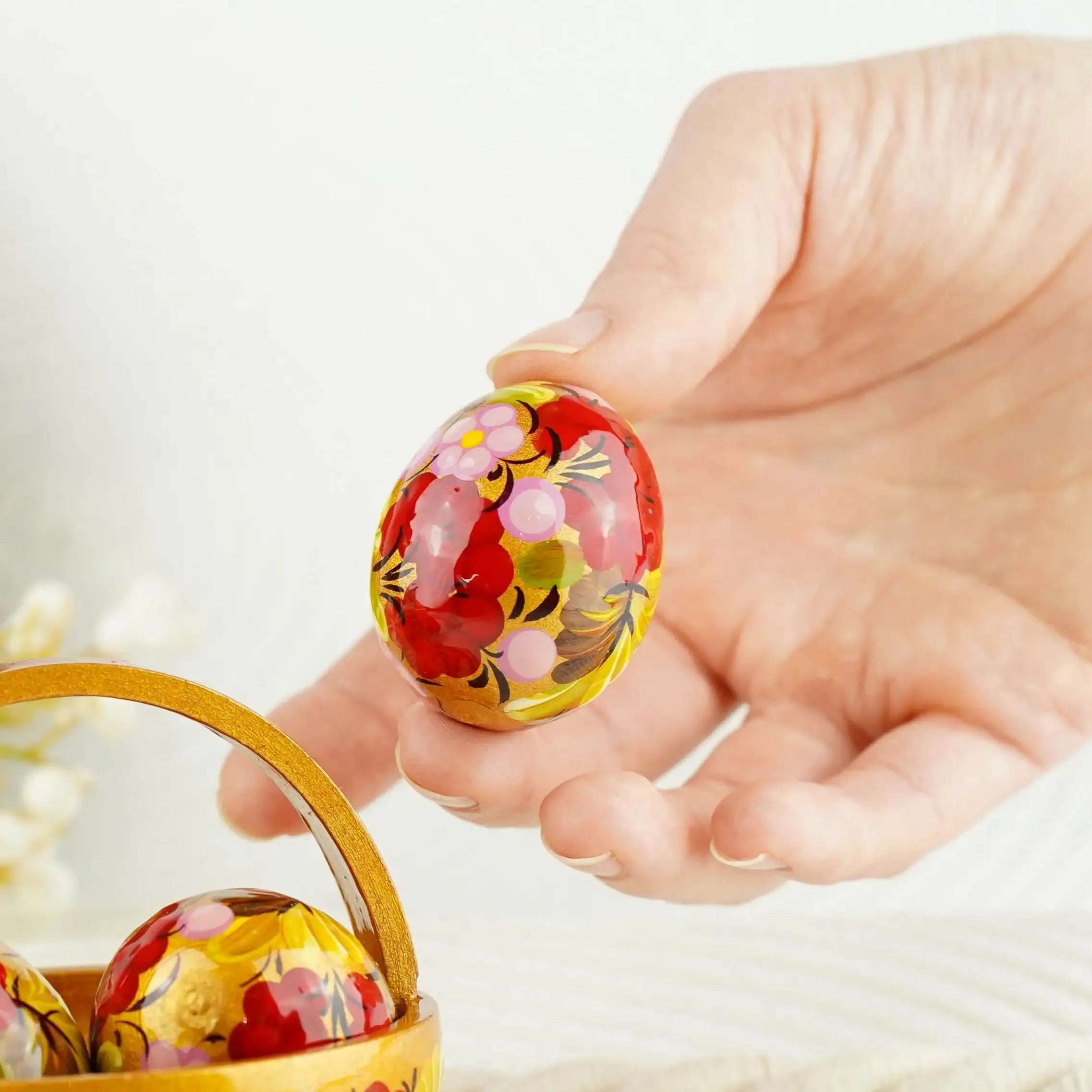 Handmade Small Wooden Easter Basket Filled with Mini Eggs - Petrykivka Painting