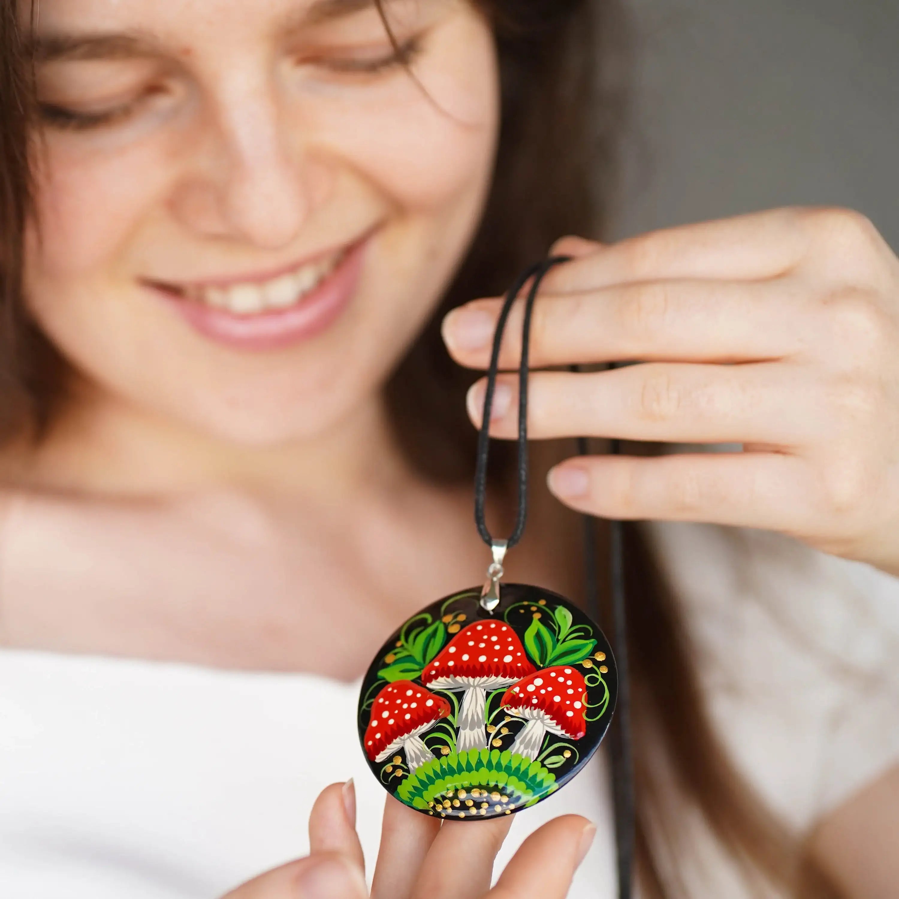 Hand-painted Wooden Mushroom Pendant Necklace - Artisanal Large Circle Statement Necklace