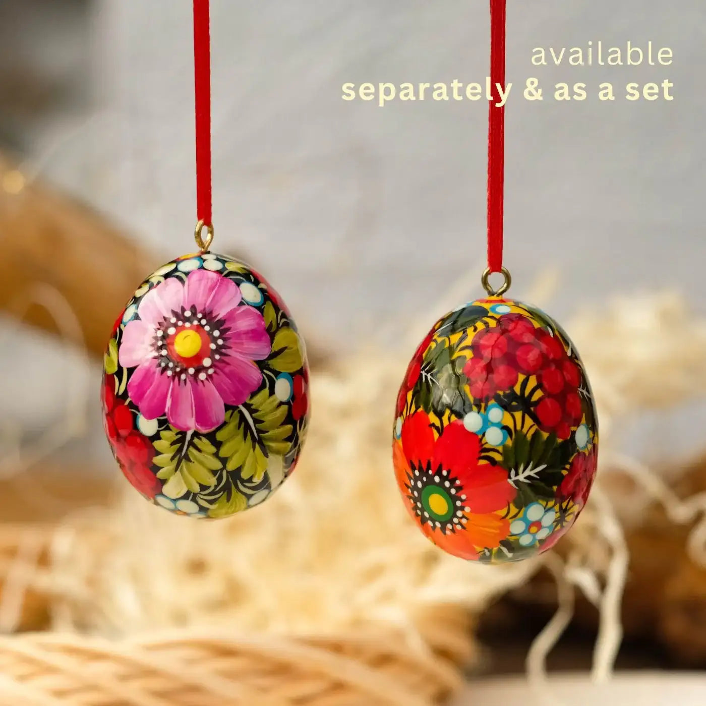Painted Wooden Easter Egg - Hanging Ukranian Pysanky Egg with Petrykivka Art