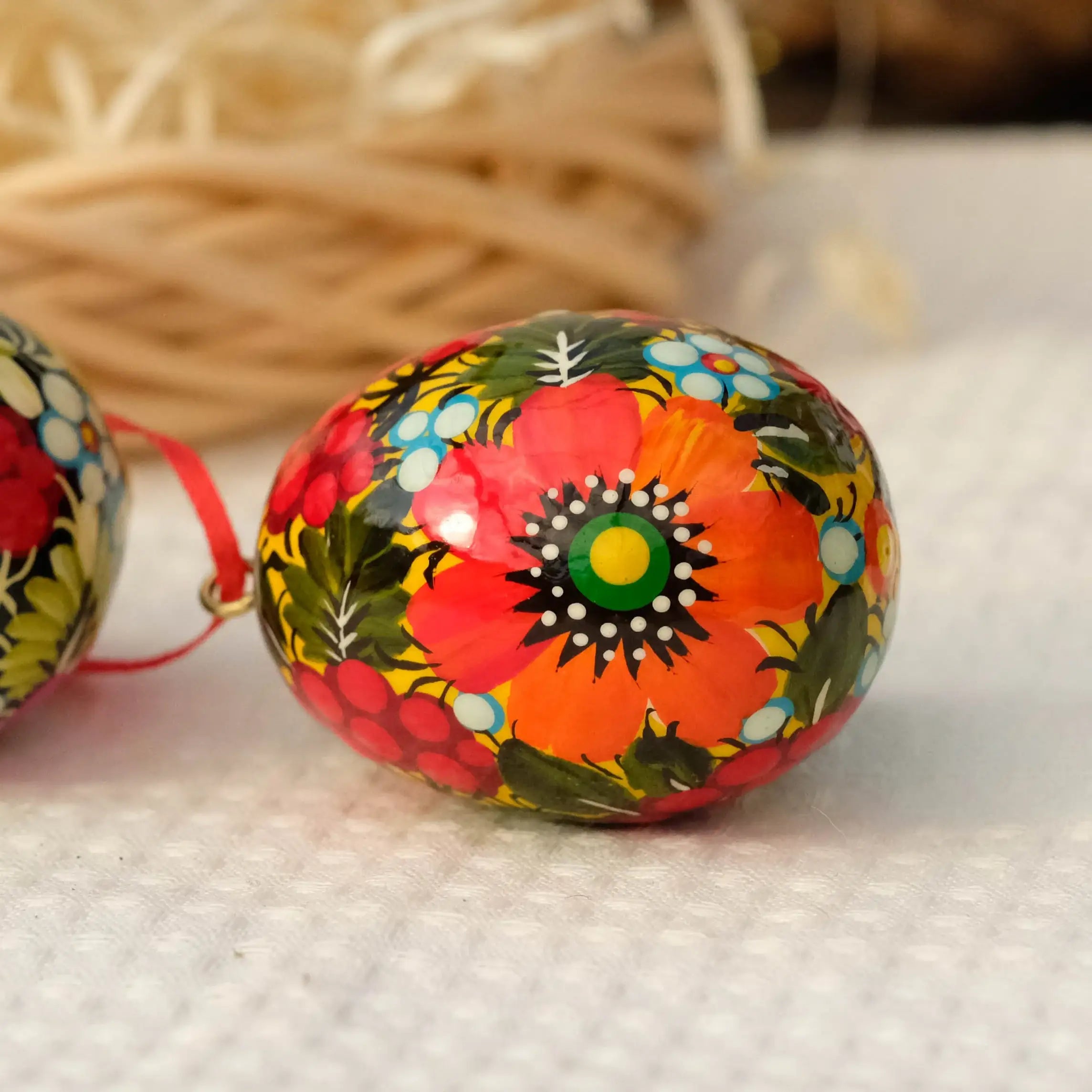 Painted Wooden Easter Egg - Hanging Ukranian Pysanky Egg with Petrykivka Art