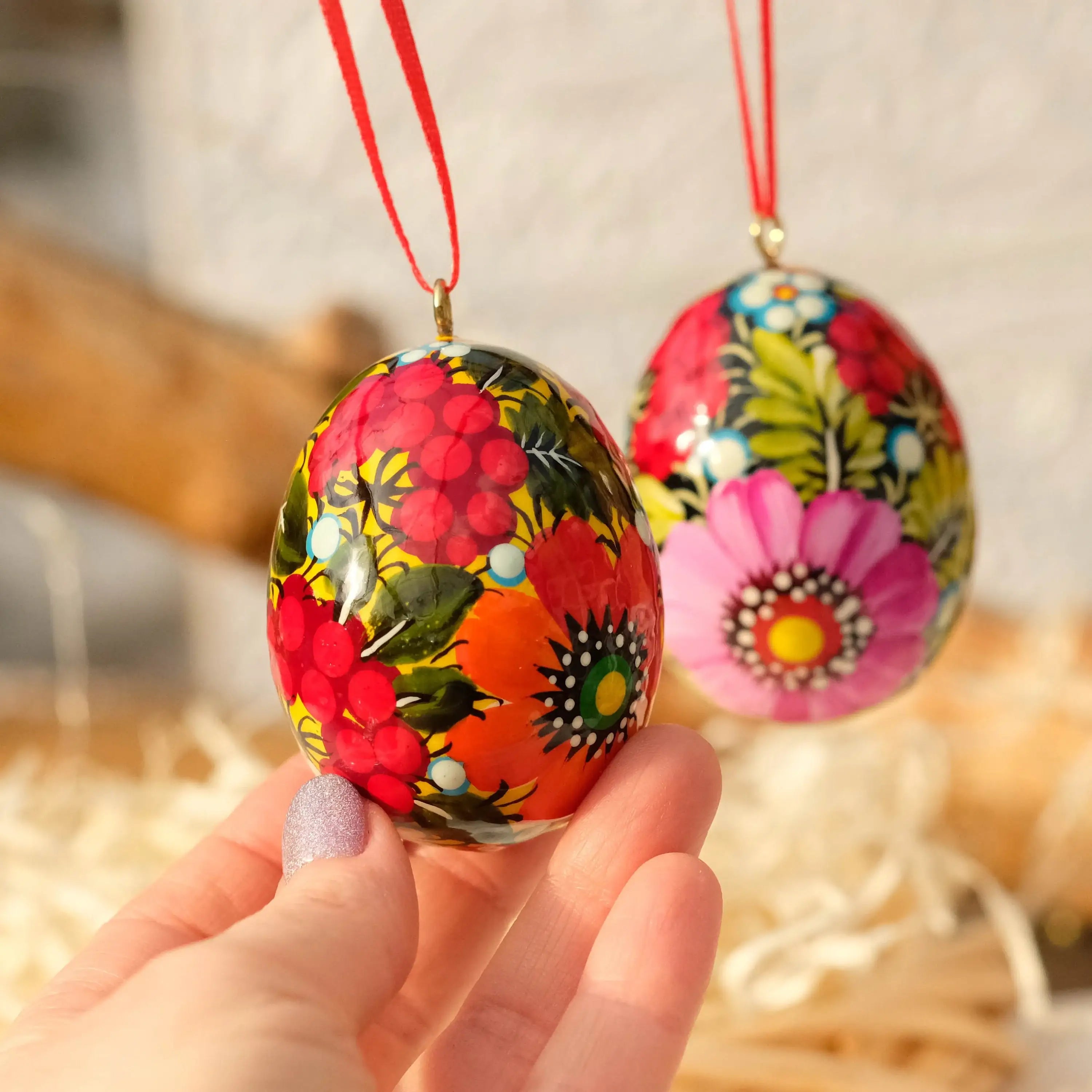 Painted Wooden Easter Egg - Hanging Ukranian Pysanky Egg with Petrykivka Art
