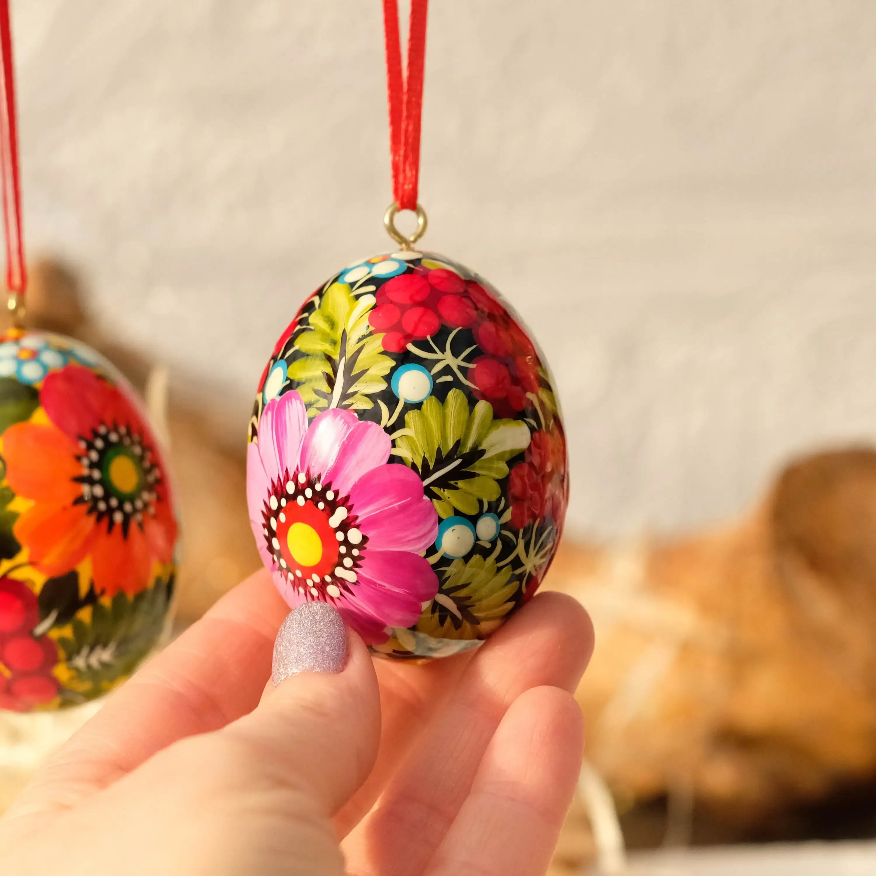 Painted Wooden Easter Egg - Hanging Ukranian Pysanky Egg with Petrykivka Art