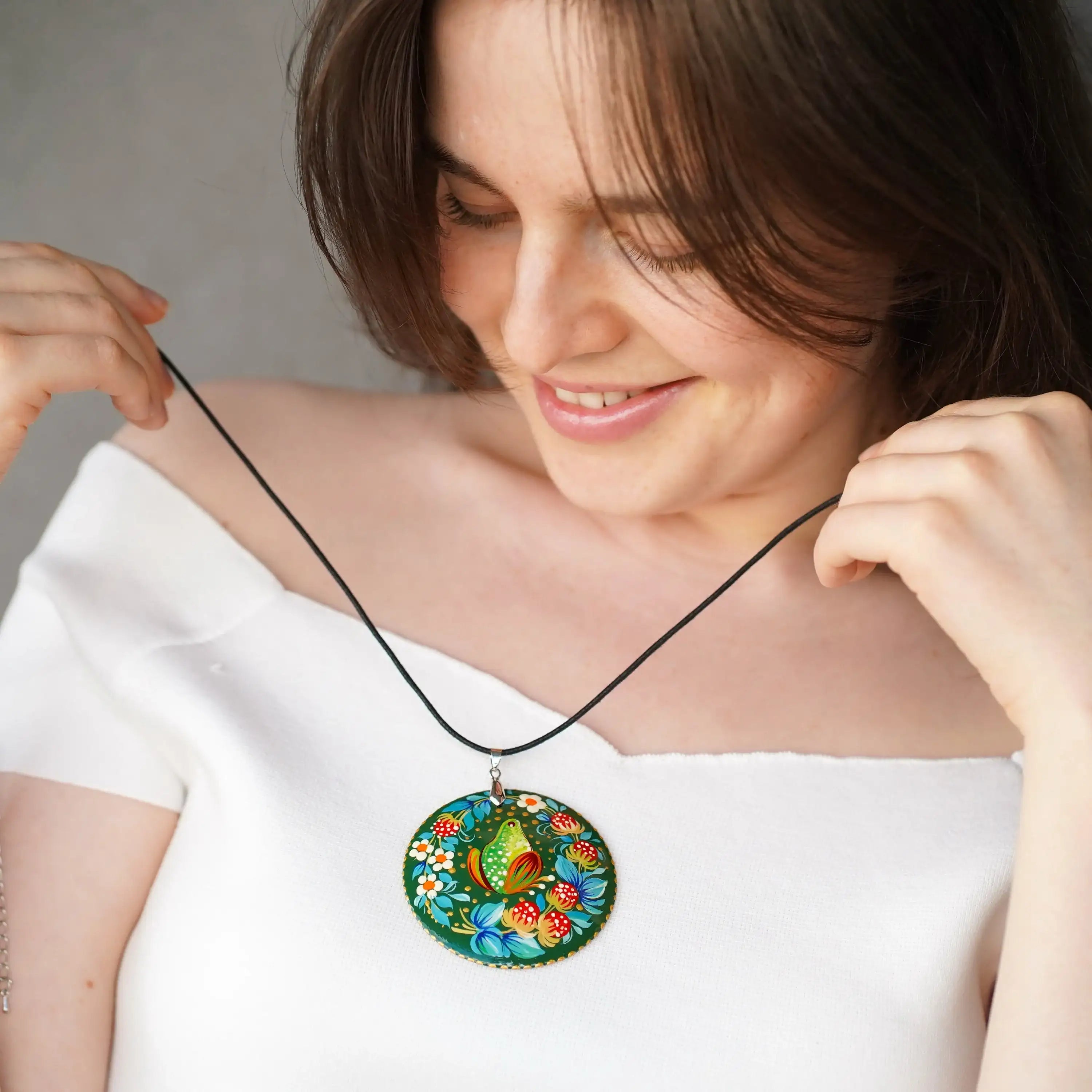 Painted Wooden Frog Pendant Necklace - Artisanal Large Circle Statement Necklace, Emerald Green