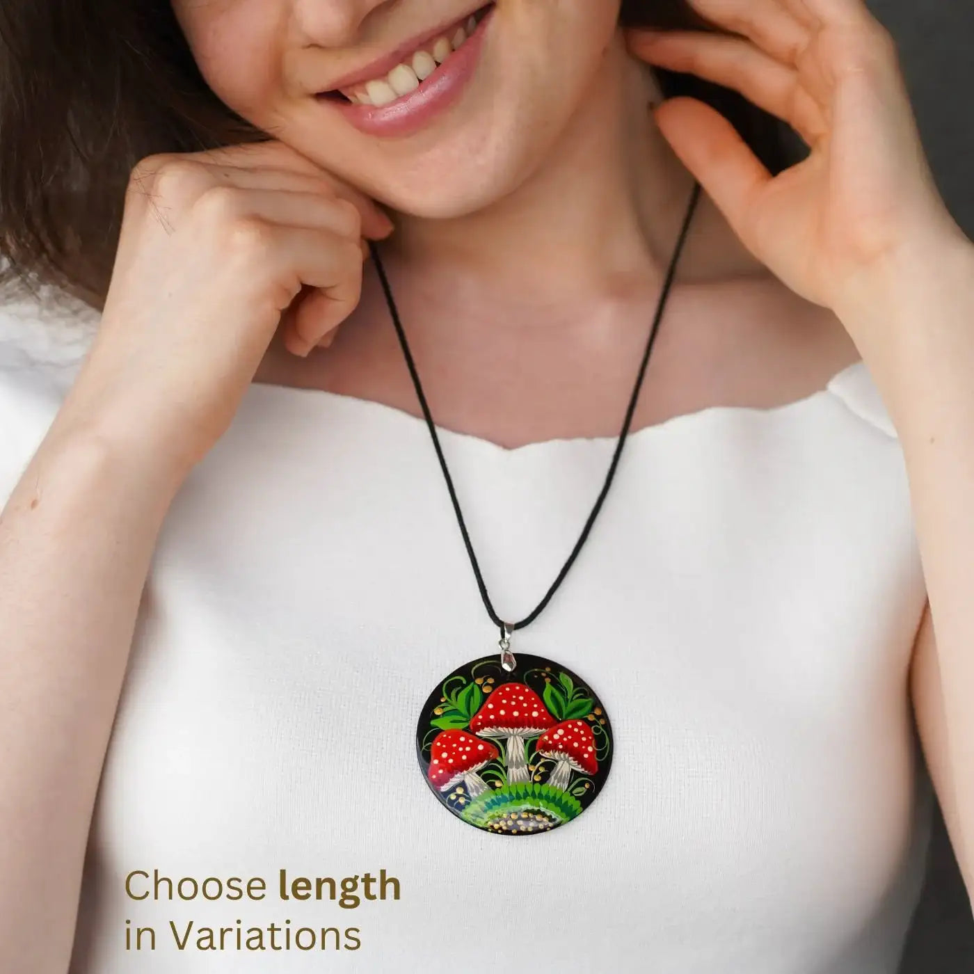 Hand-painted Wooden Mushroom Pendant Necklace - Artisanal Large Circle Statement Necklace