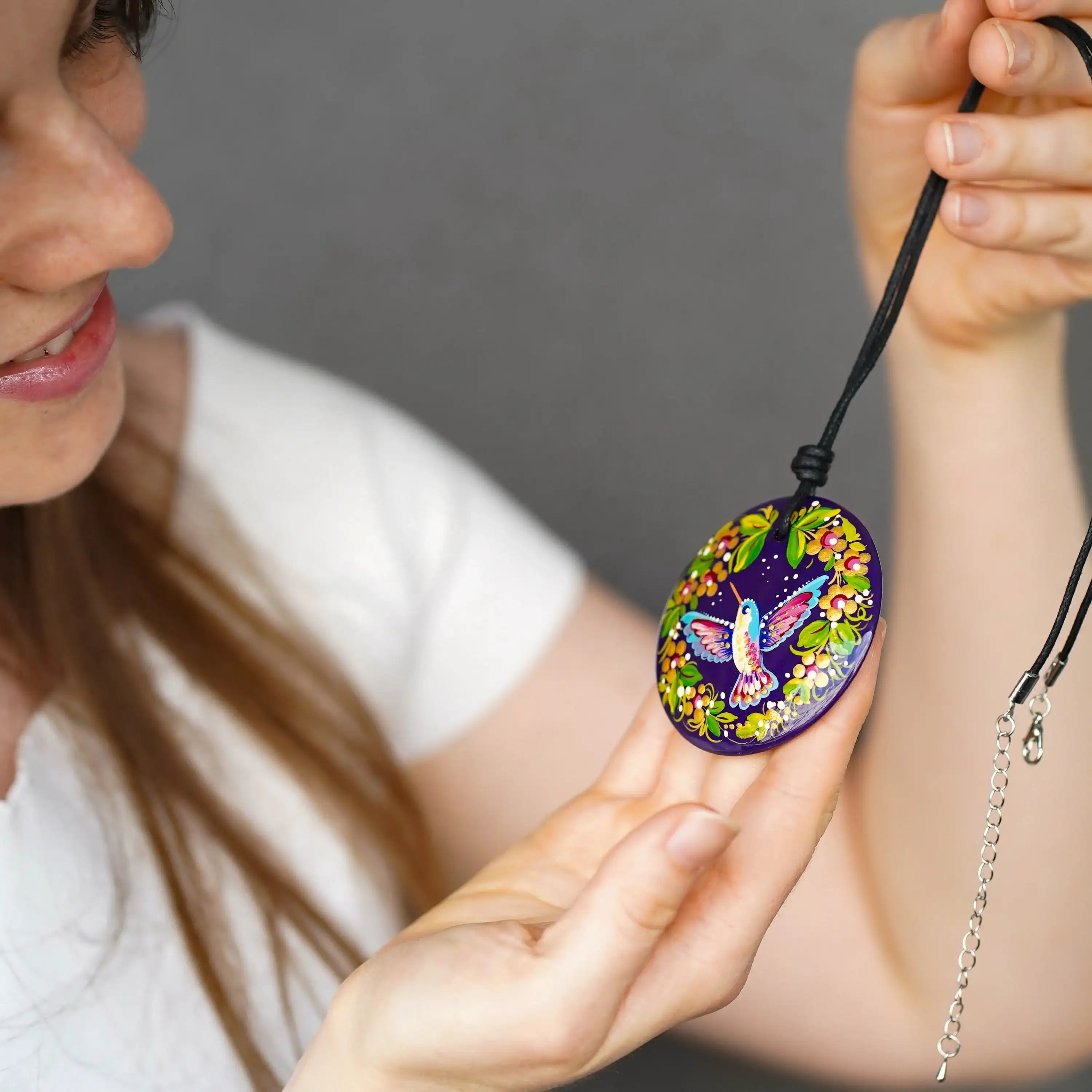 Painted Wooden Hummingbird Pendant Necklace - Artisanal Large Circle Statement Necklace, Purple