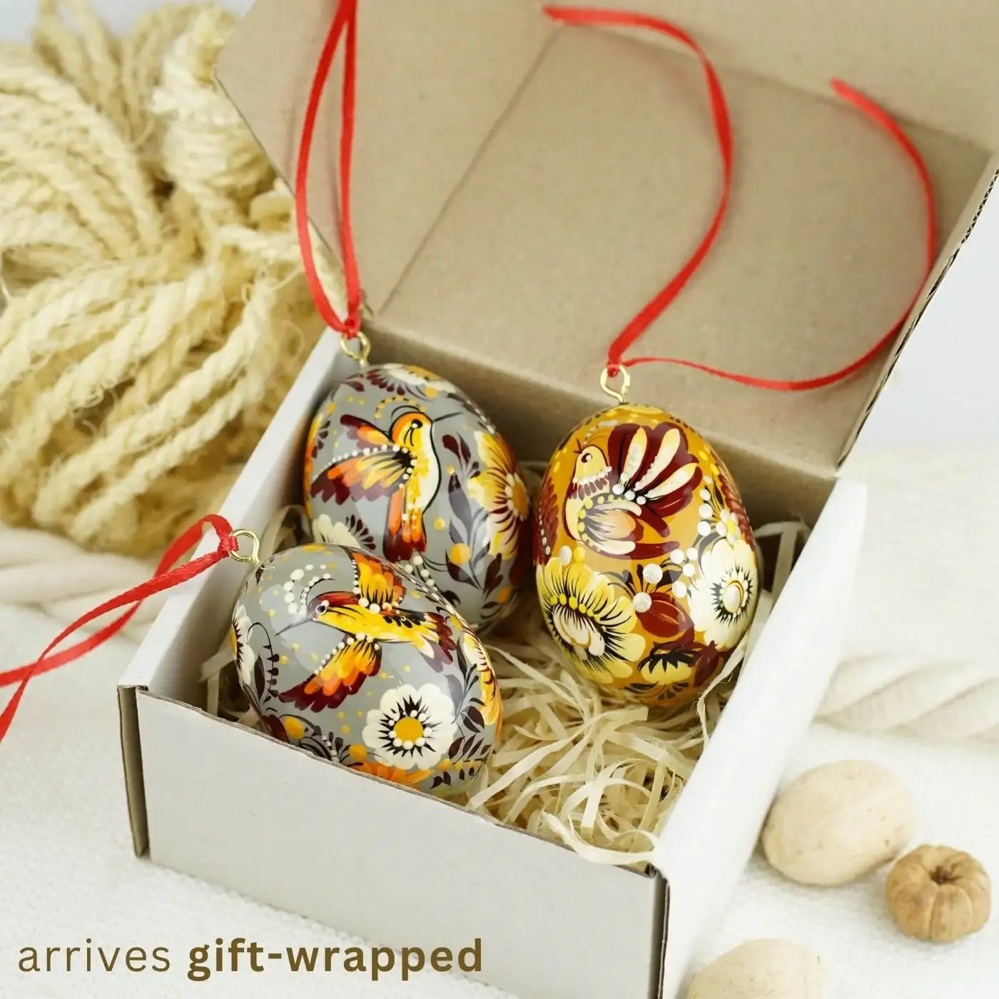 Set of 3 Painted Hanging Hummingbird Easter Egg Ornaments