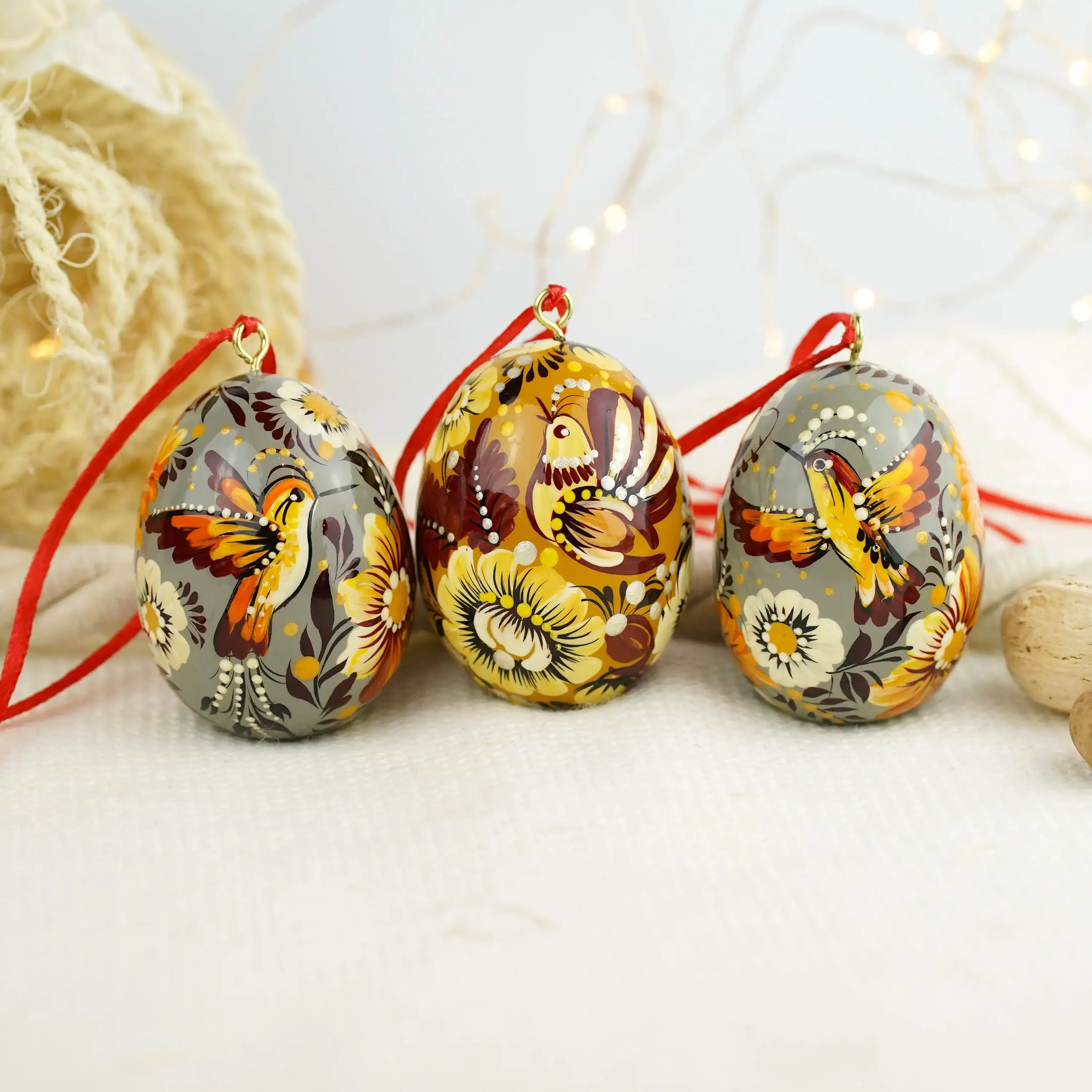 Set of 3 Painted Hanging Hummingbird Easter Egg Ornaments