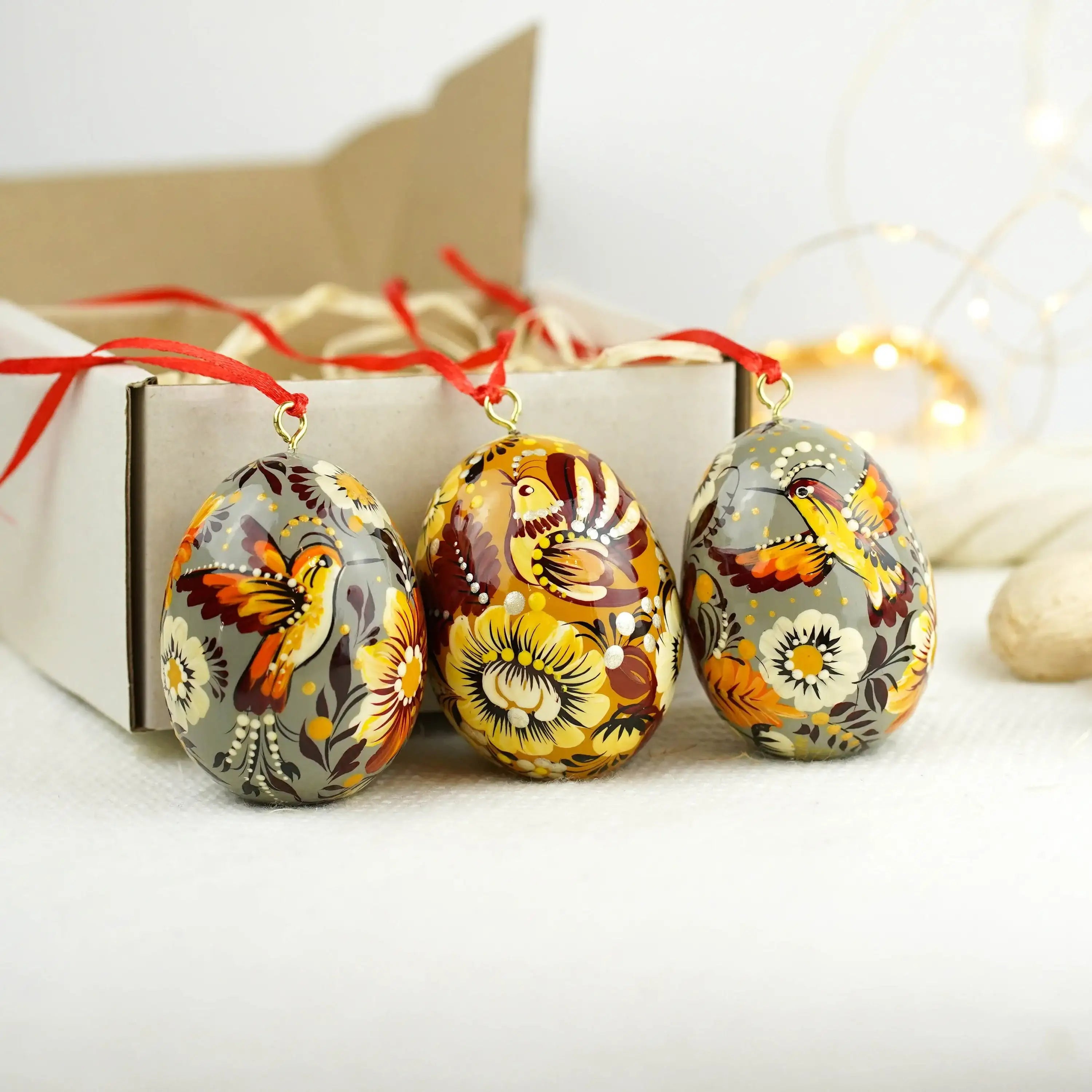 Set of 3 Painted Hanging Hummingbird Easter Egg Ornaments