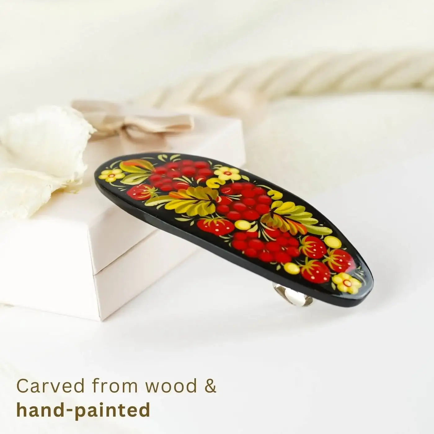 Hand-painted Oval Wooden Hair Barrette - Artisanal Petrykivka Art Red Flower French Hair Clip