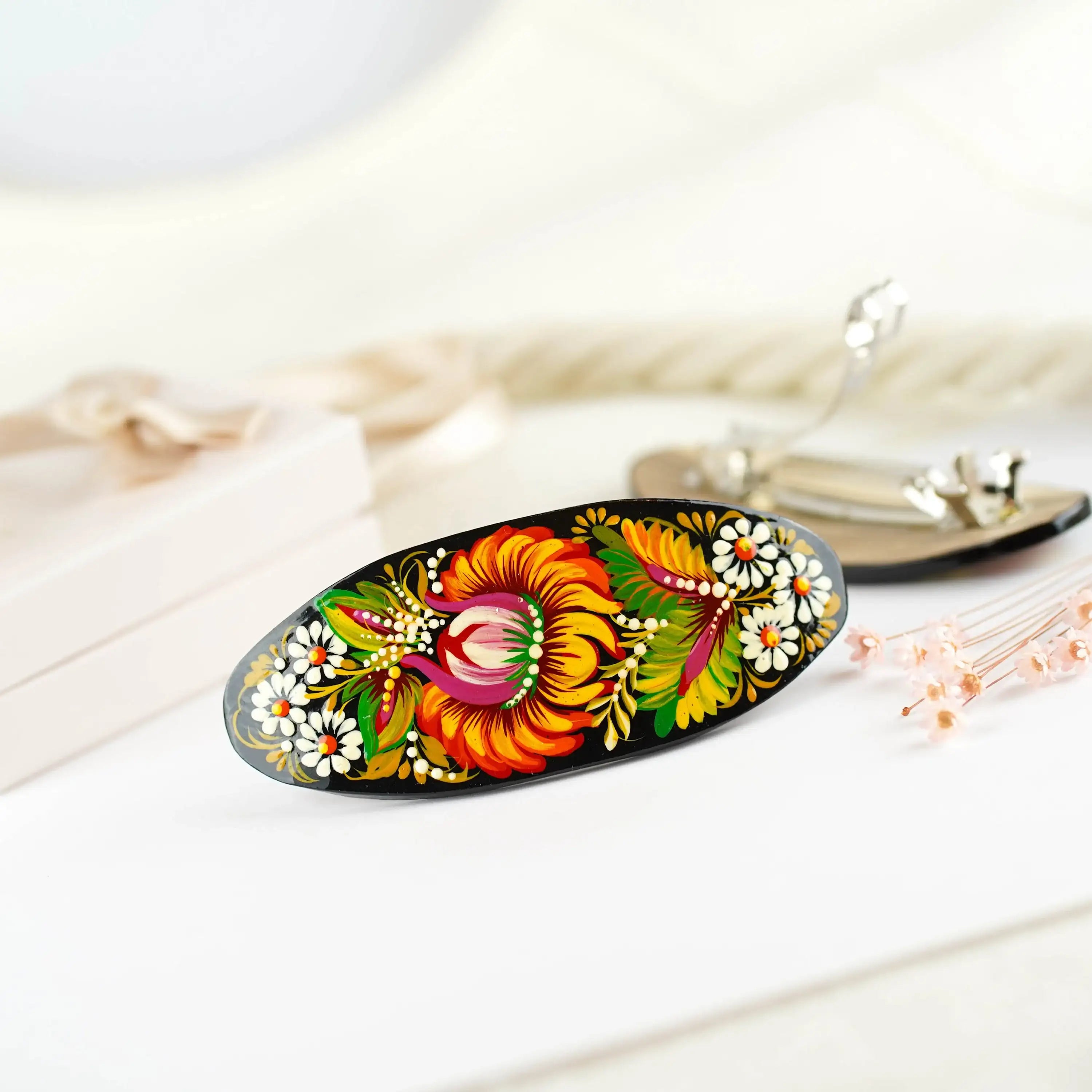 Hand-painted Oval Wooden Hair Barrette - Artisanal Petrykivka Art Orange Flower French Hair Clip