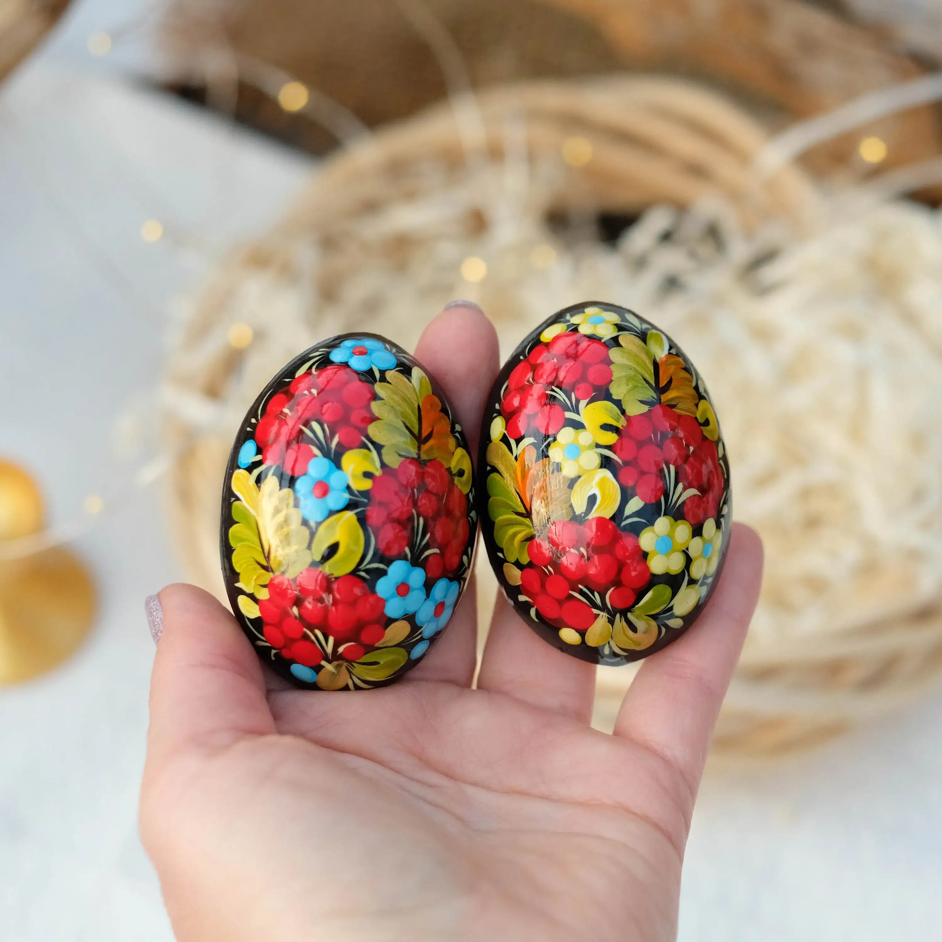 Painted Wooden Egg-shaped Fridge Magnet - Decorative Magnet Hand-painted with Ukrainian Folk Art - Petrykivka